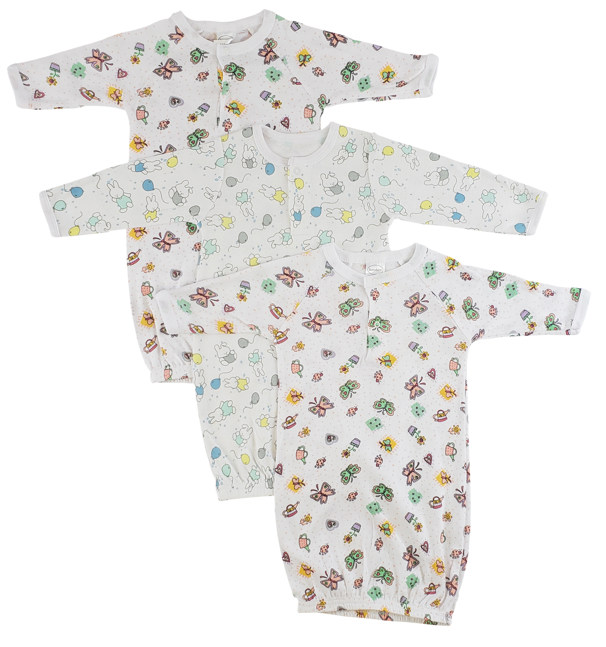 Bambini Girls Print Infant Gowns - 3 Pack featuring soft cotton fabric, mitten cuffs, and colorful prints for newborn girls.