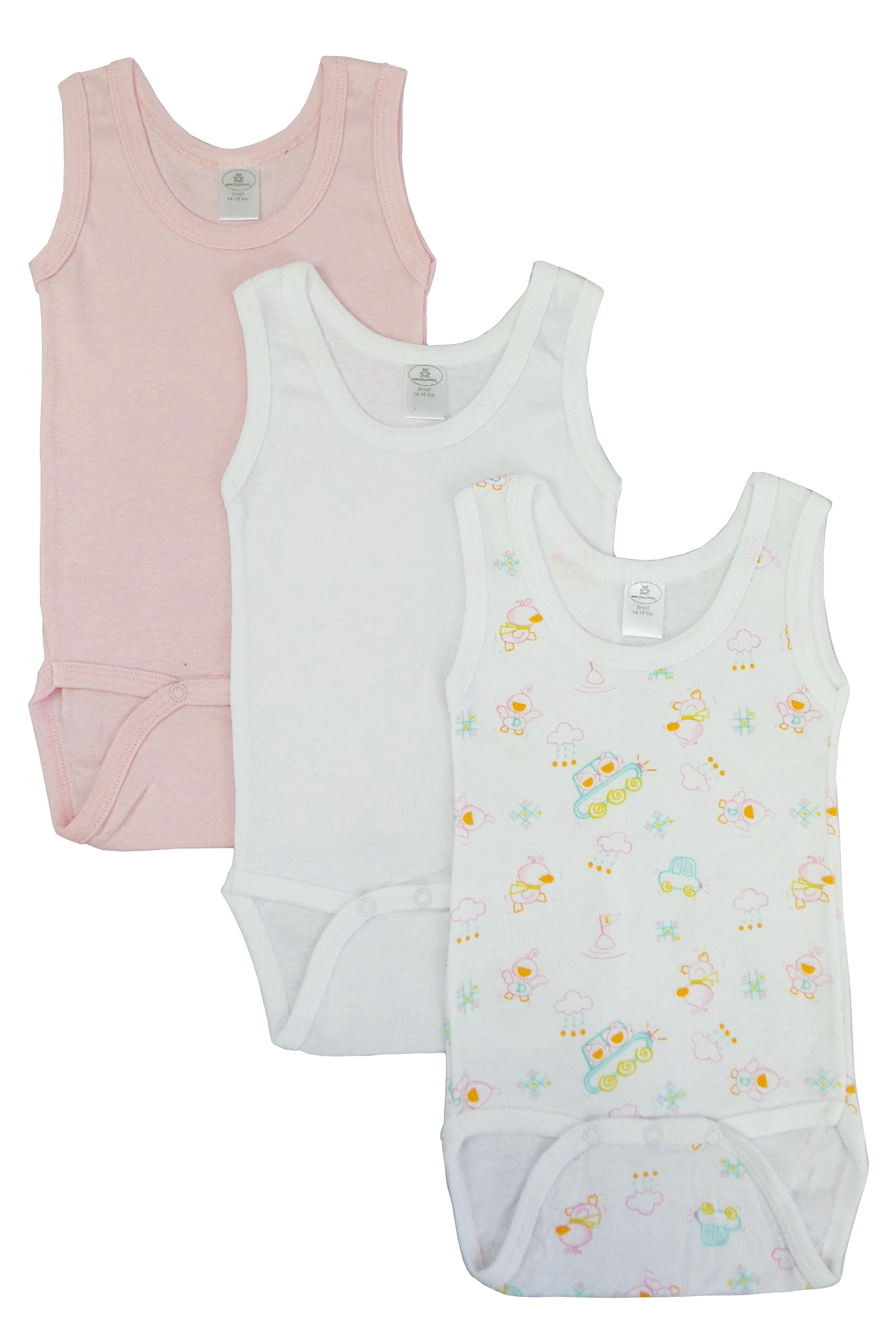 Bambini Girls' Printed Tank Top in various fun prints, showcasing soft cotton fabric and expandable shoulder neckline.