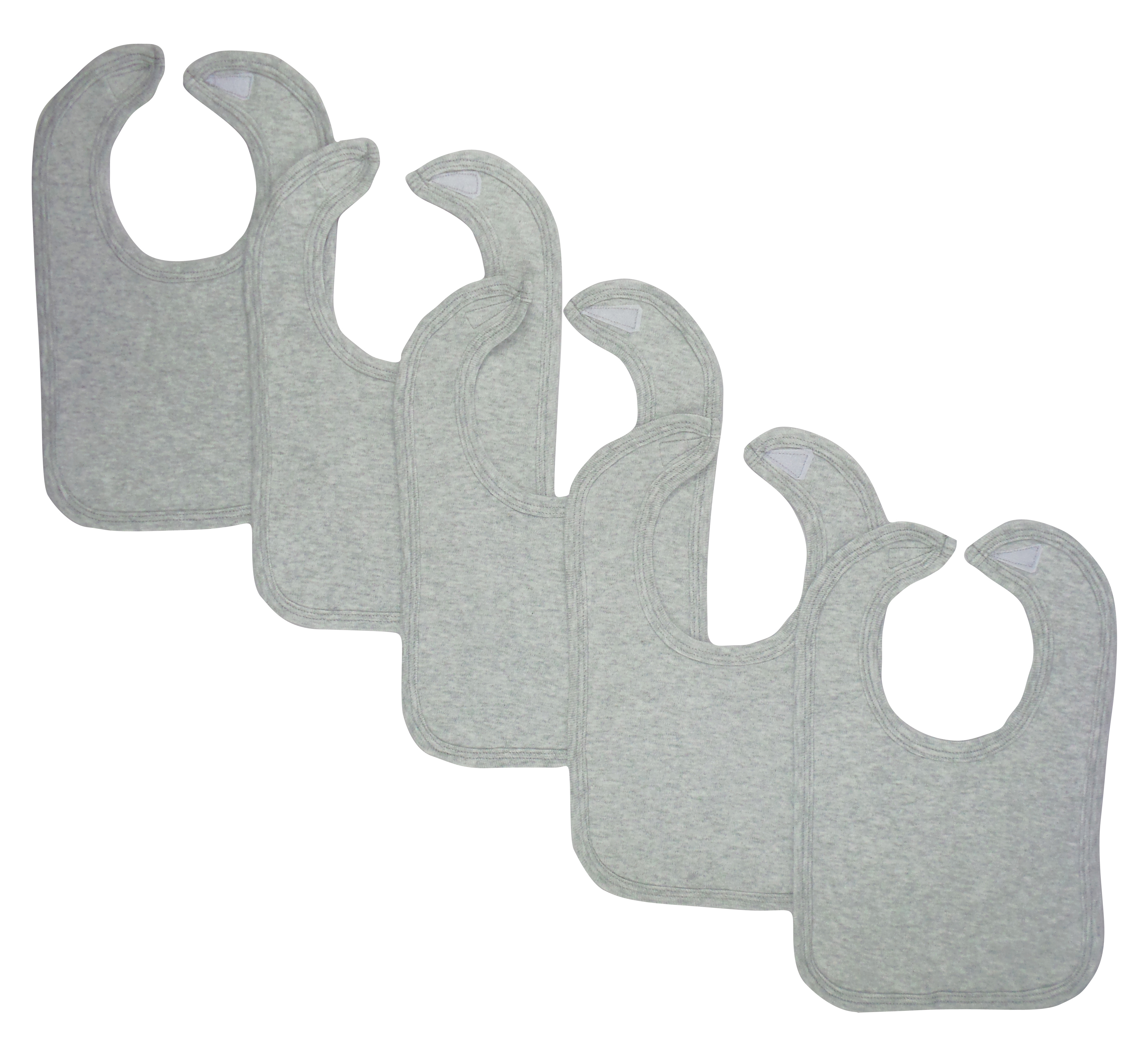 A pack of five Bambini Grey Baby Bibs featuring soft fabric and hook and loop fasteners, ideal for keeping babies clean during feeding.