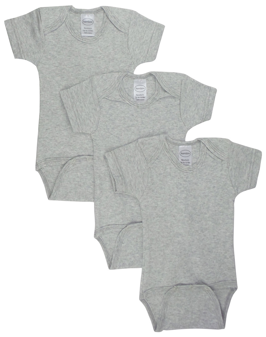 Pack of 3 Bambini Grey Bodysuits, showcasing soft cotton fabric and expandable neckline for easy dressing.