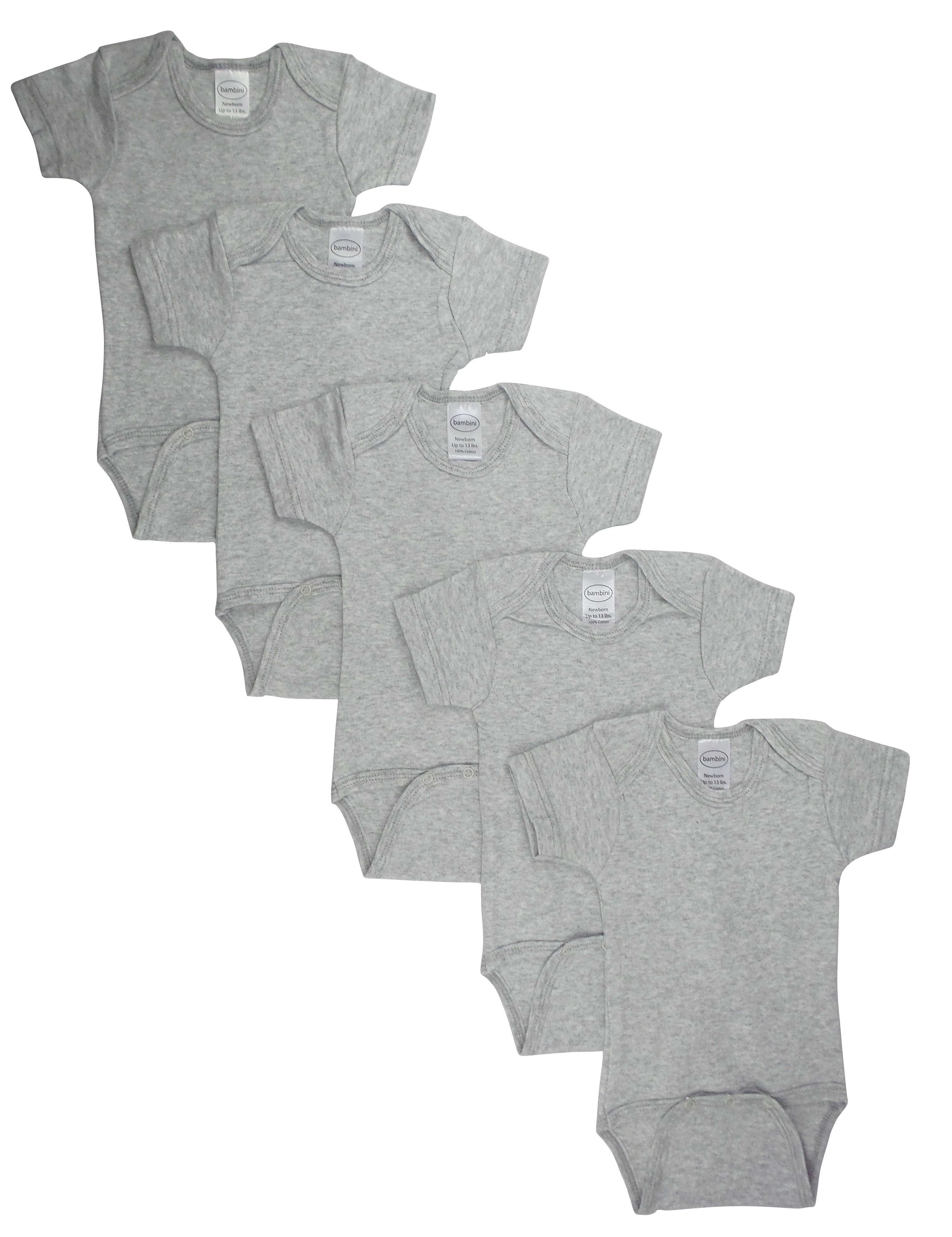 Bambini Grey Bodysuit Onezies pack of 5, showcasing soft cotton fabric and expandable neckline.