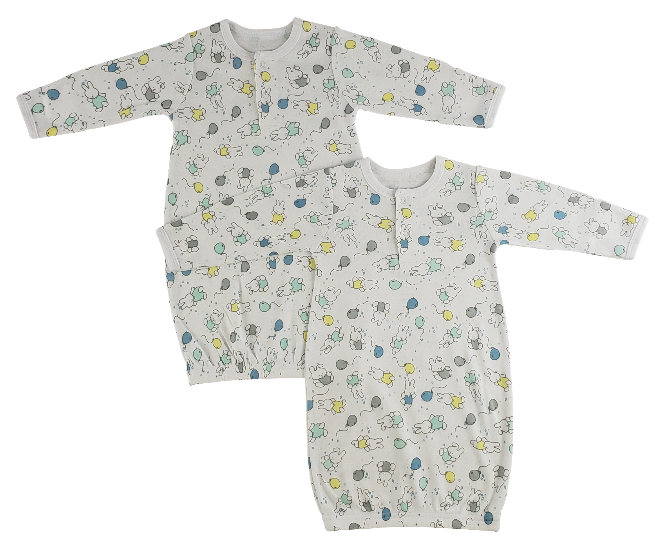 Bambini Infant Gowns - 2 Pack featuring long sleeves, mitten cuffs, and covered elastic bottom in soft cotton fabric.