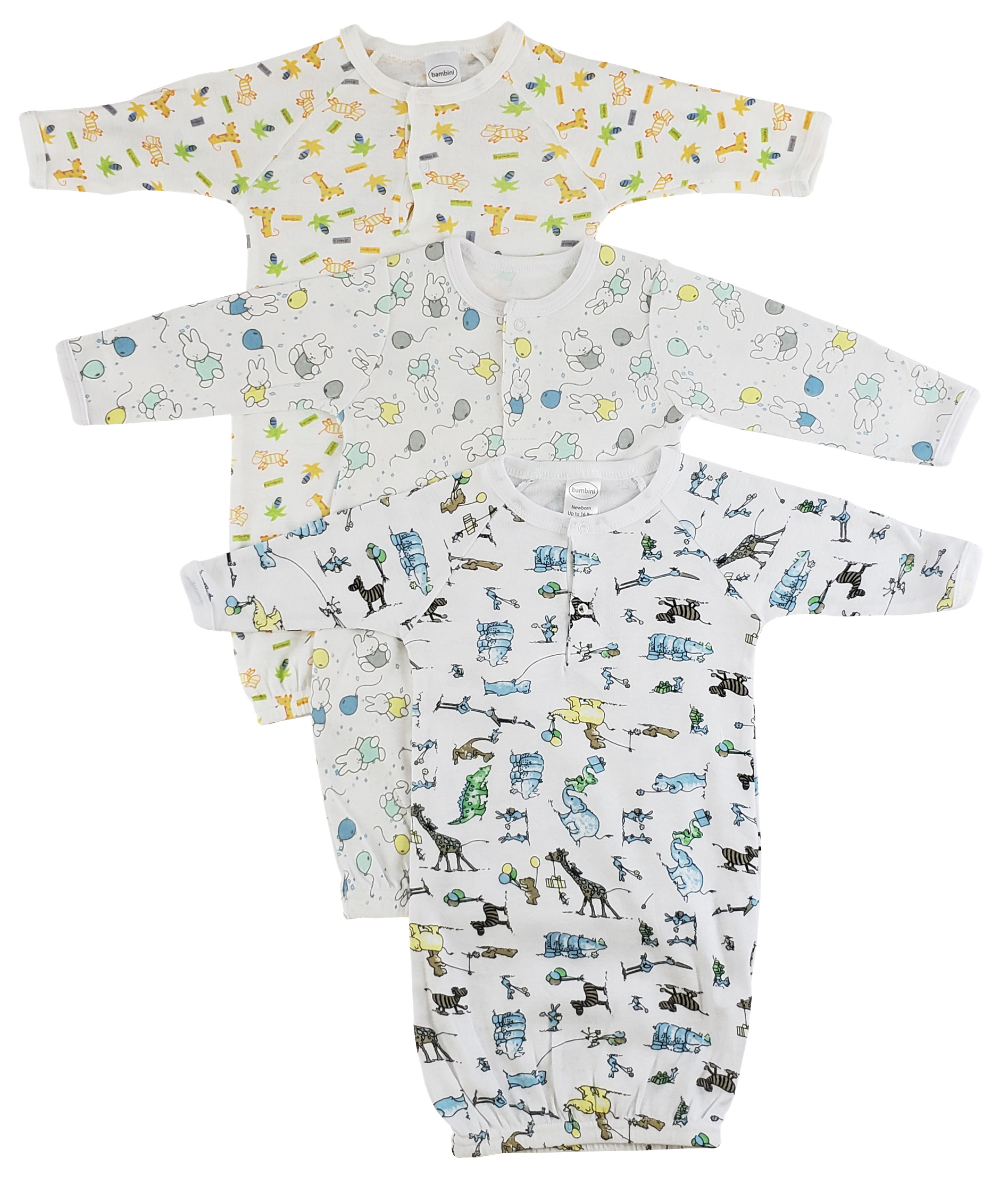 Bambini Infant Gowns - 3 Pack featuring long sleeves and mitten cuffs, perfect for newborns in autumn and winter.