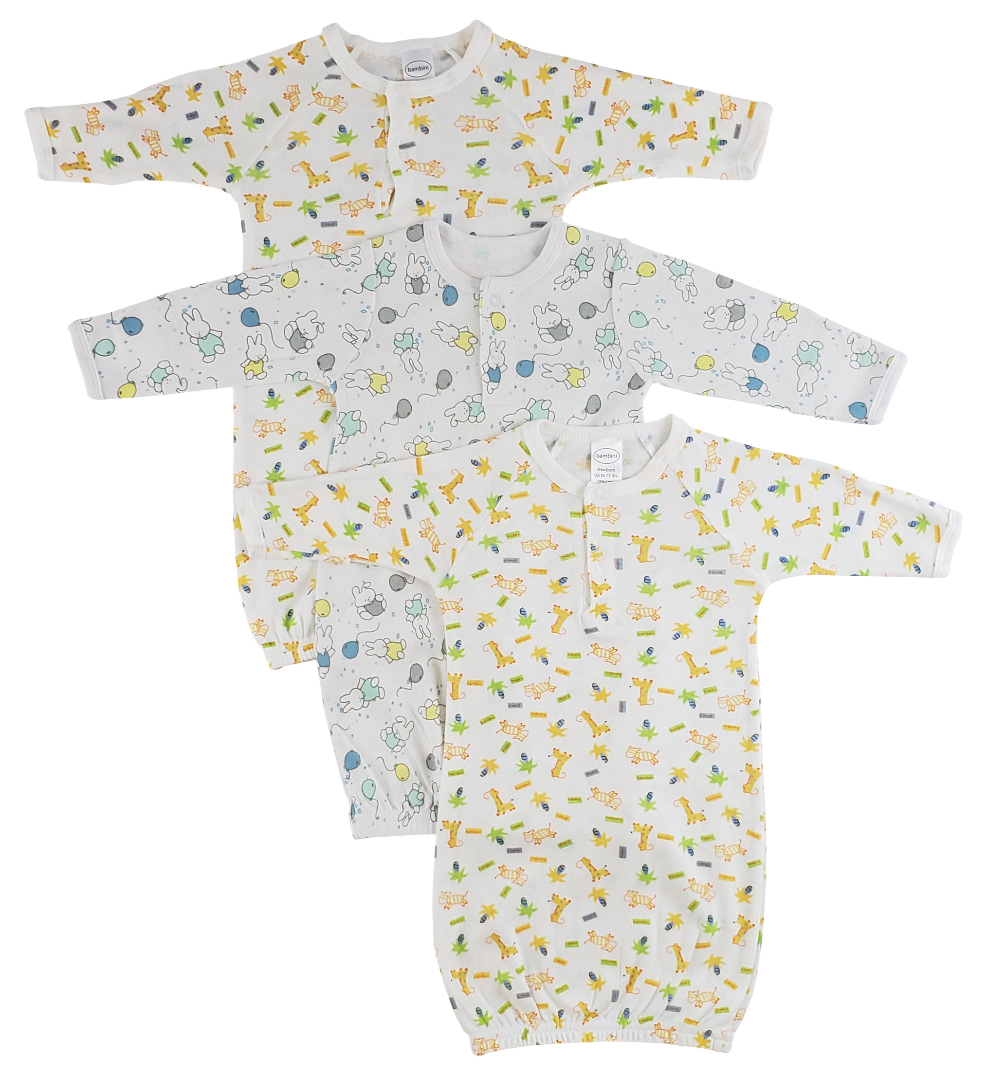 Bambini Infant Gowns - 3 Pack featuring long sleeves, mitten cuffs, and covered elastic bottom, made from soft 100% cotton rib knit.