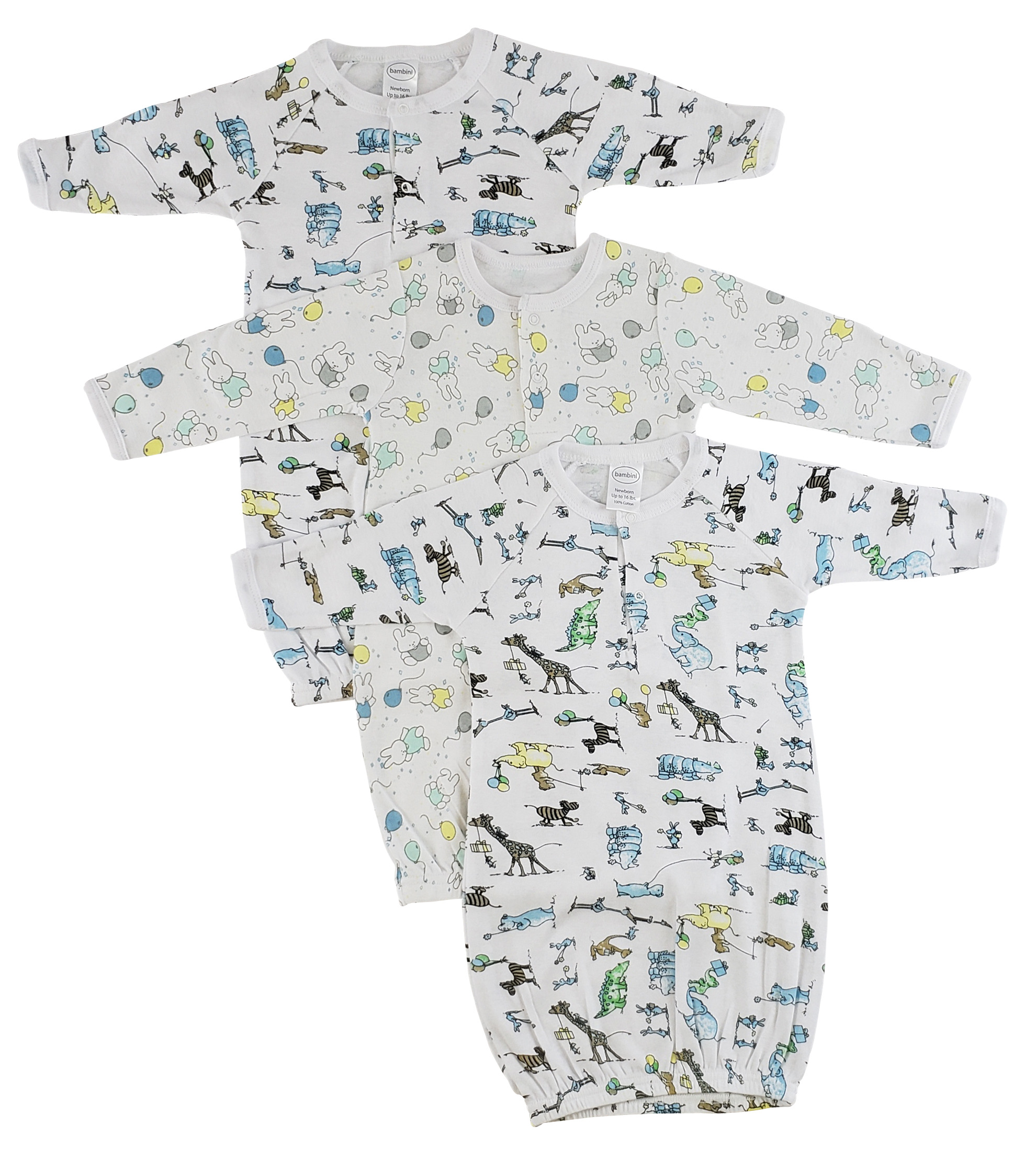 Bambini Infant Gowns - 3 Pack featuring long sleeves, mitten cuffs, and covered elastic bottom, perfect for keeping newborns warm.