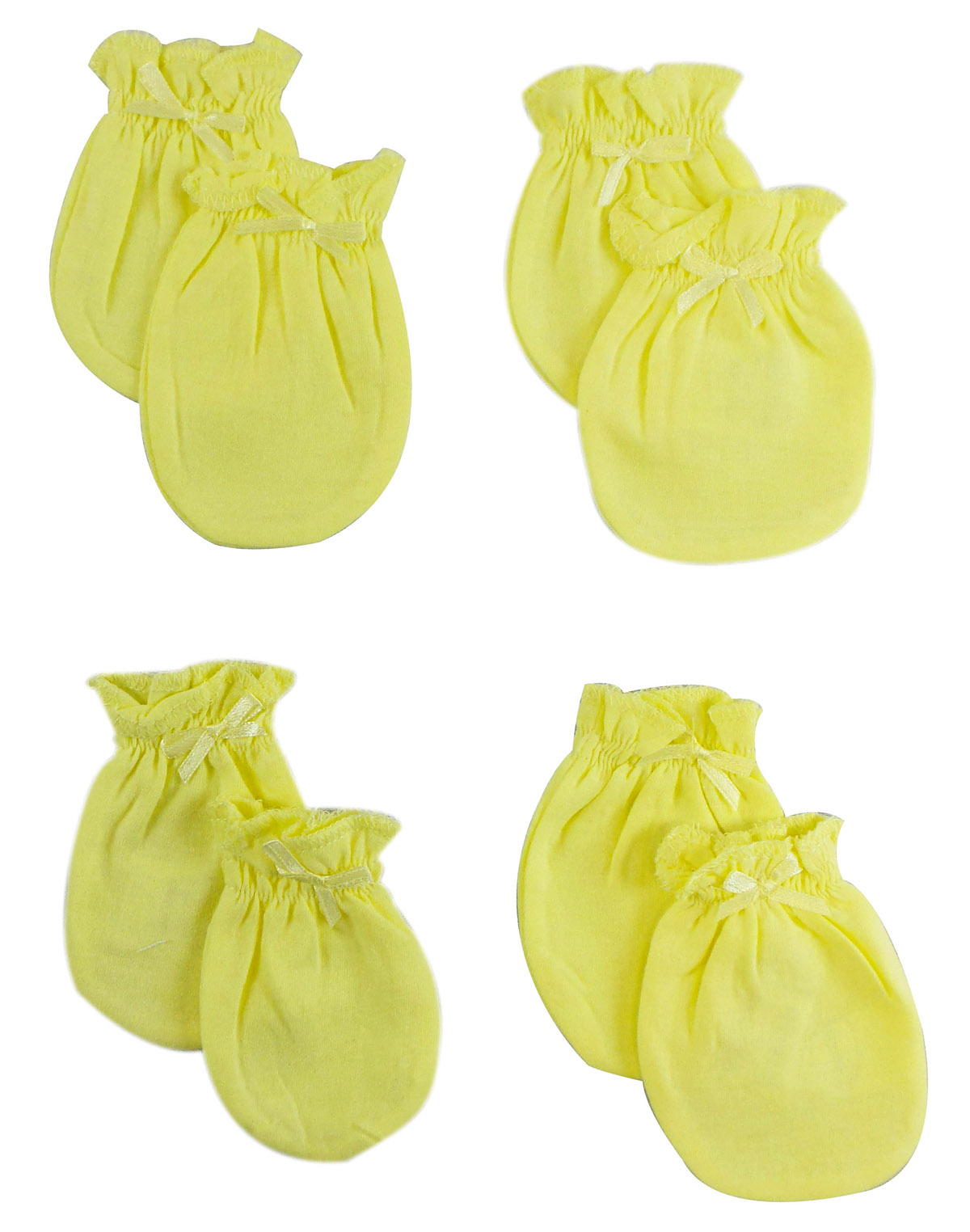 Pack of 4 yellow Bambini infant mittens made from soft cotton jersey, designed to keep baby's hands warm.