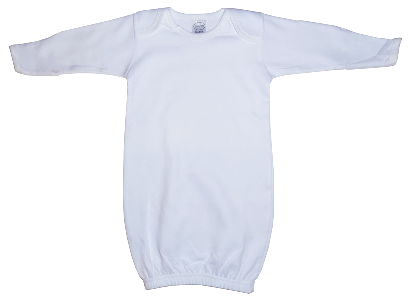 Bambini Infant White Gown with long sleeves and mitten cuffs, made of soft cotton, perfect for keeping babies warm.