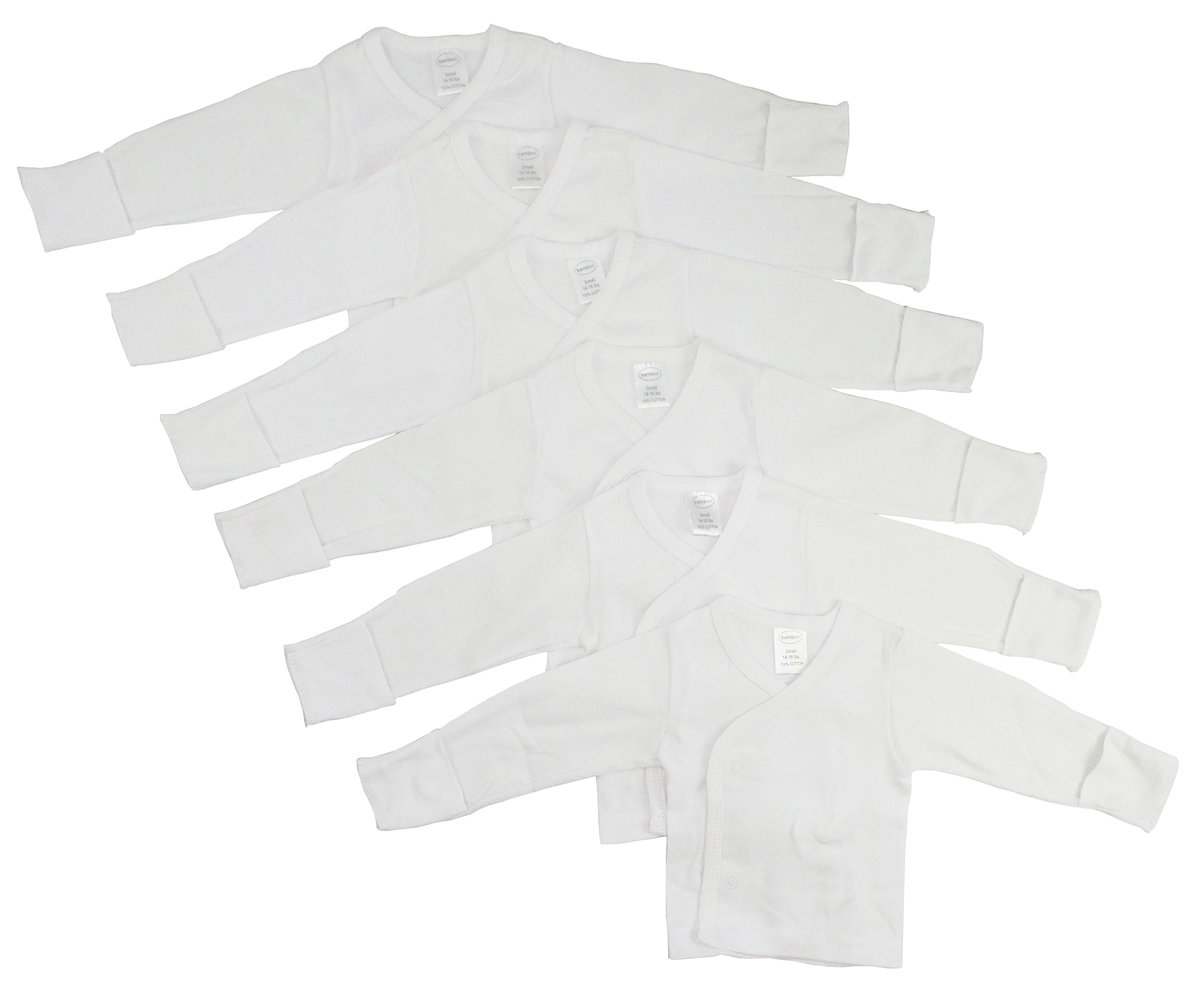 Bambini Long Sleeve Side Snap Shirt with Mittens, 6 pack in white, showcasing side-snap buttons and soft cotton fabric.