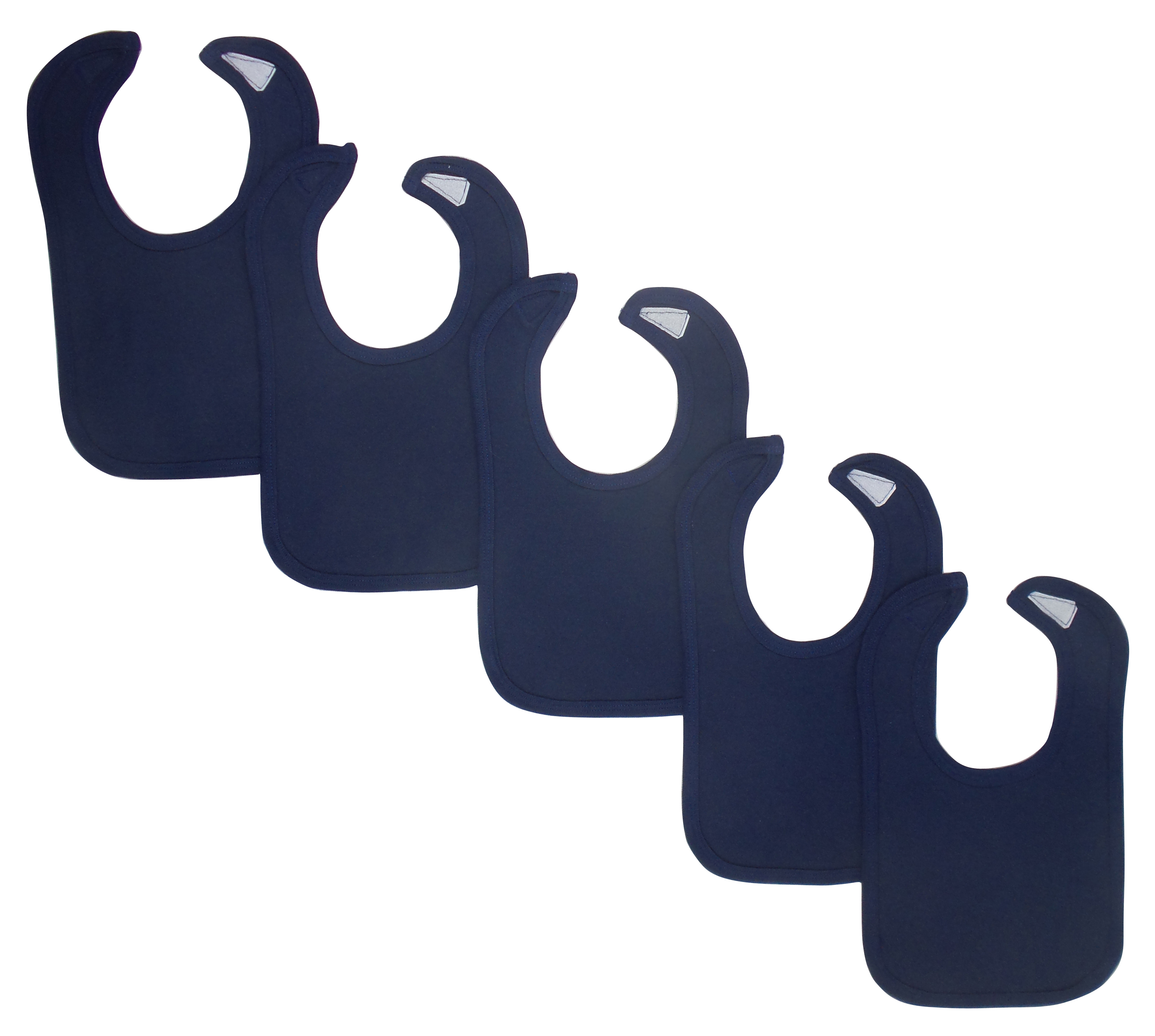 Pack of 5 Bambini Navy Baby Bibs with hook and loop fasteners, designed for infants to prevent spills and drooling.