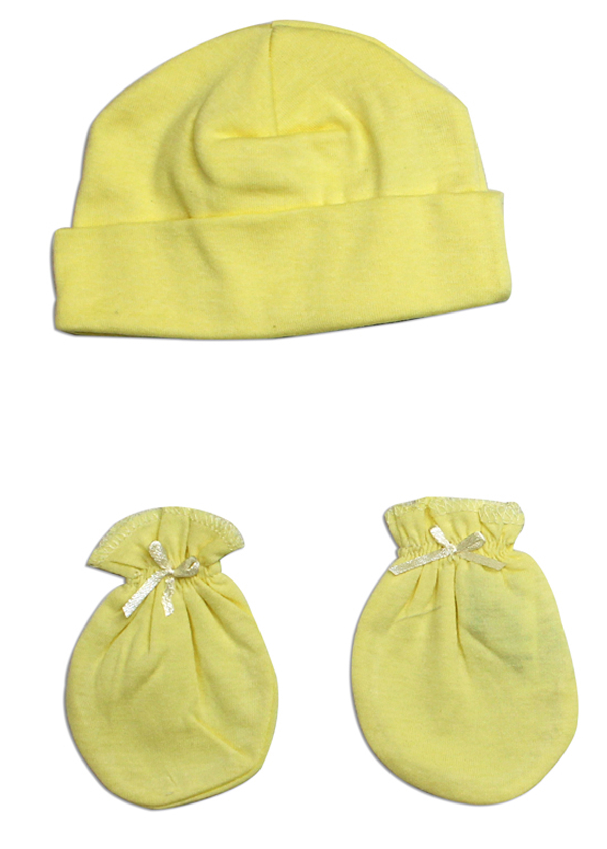 Bambini Neutral Baby Cap and Mittens set in yellow, made from soft cotton, perfect for newborns.