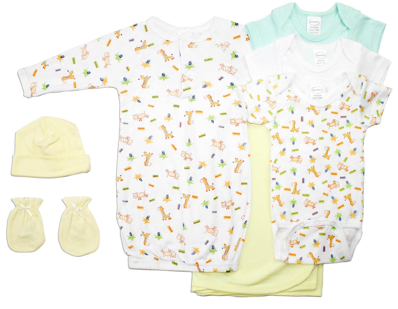 Bambini Neutral Newborn Baby 7 Pc Layette Set featuring soft cotton gown, cap, mittens, blanket, and onesies in yellow and unisex prints.