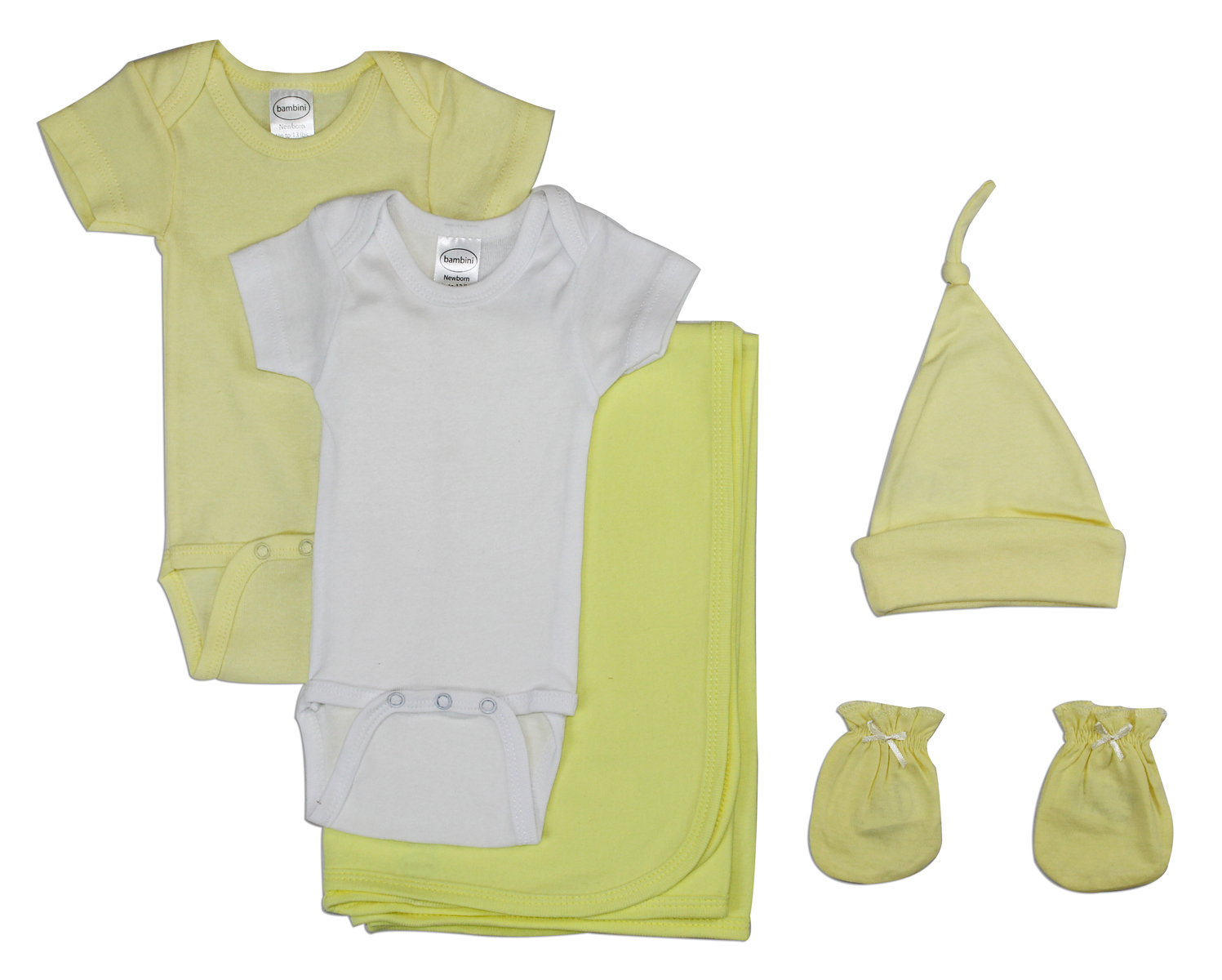 Bambini Newborn Baby 5 Piece Layette Set featuring soft cotton bodysuits, a knotted cap, and mittens in cheerful yellow.