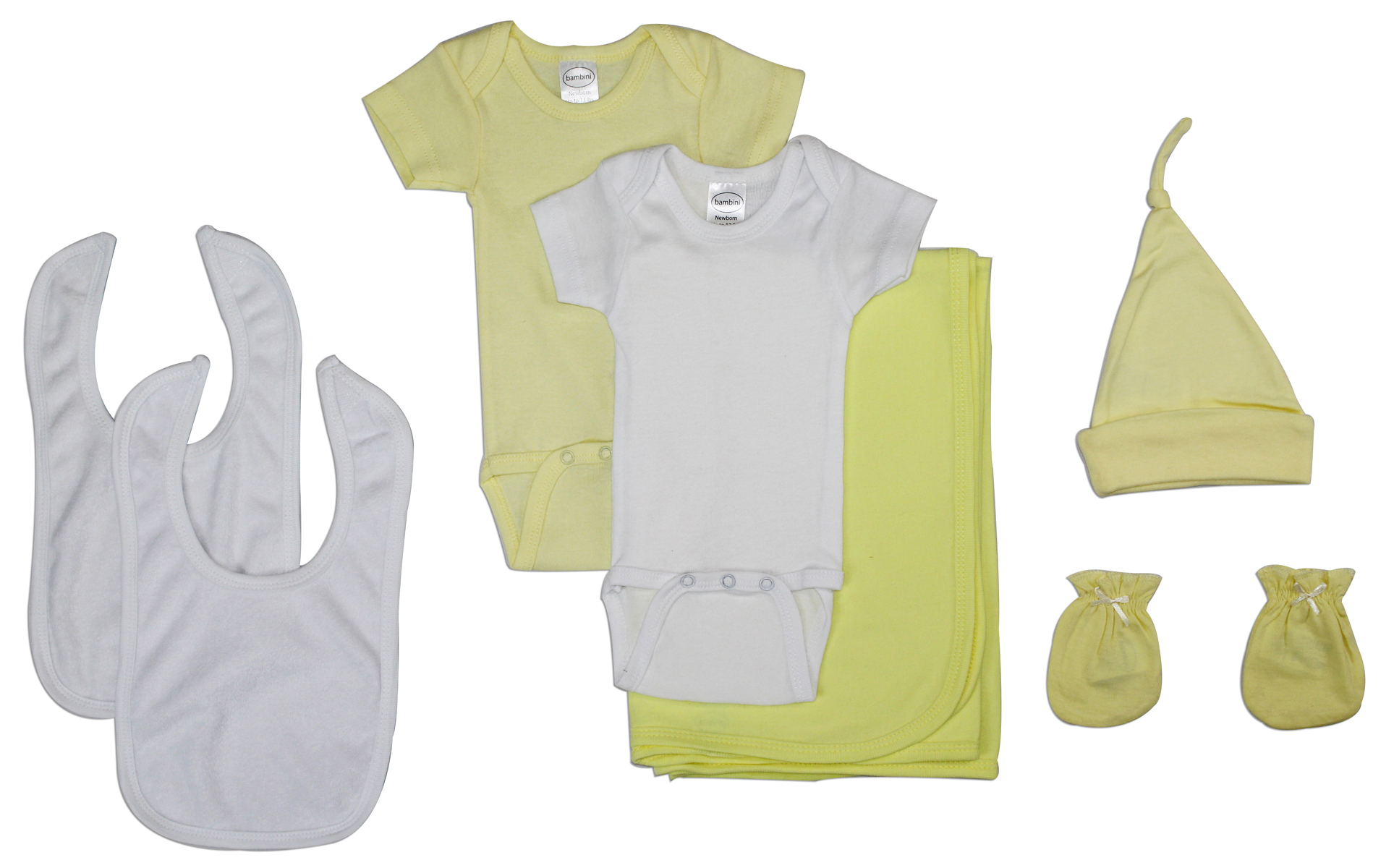 Bambini Newborn Baby 7 Piece Layette Set featuring soft cotton onesies, a knotted cap, mittens, and terry bibs in yellow and white.