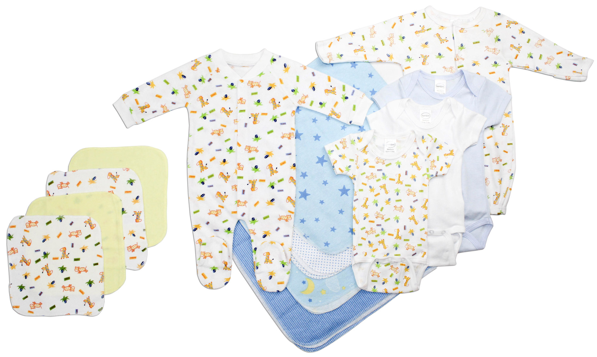 Bambini Newborn Baby Boy 13 Pc Layette Gift Set featuring soft cotton clothes and accessories for newborns.