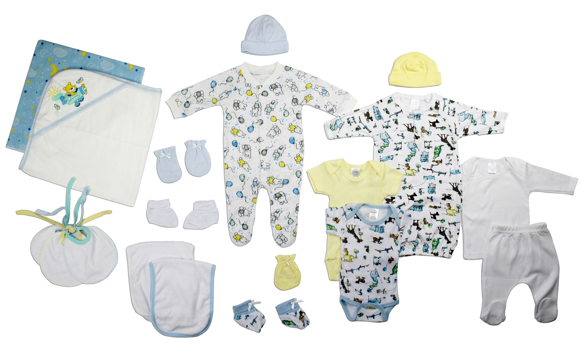 Bambini Newborn Baby Boy 19 Pc Layette Set featuring soft cotton clothes, receiving blanket, and accessories in a colorful arrangement.