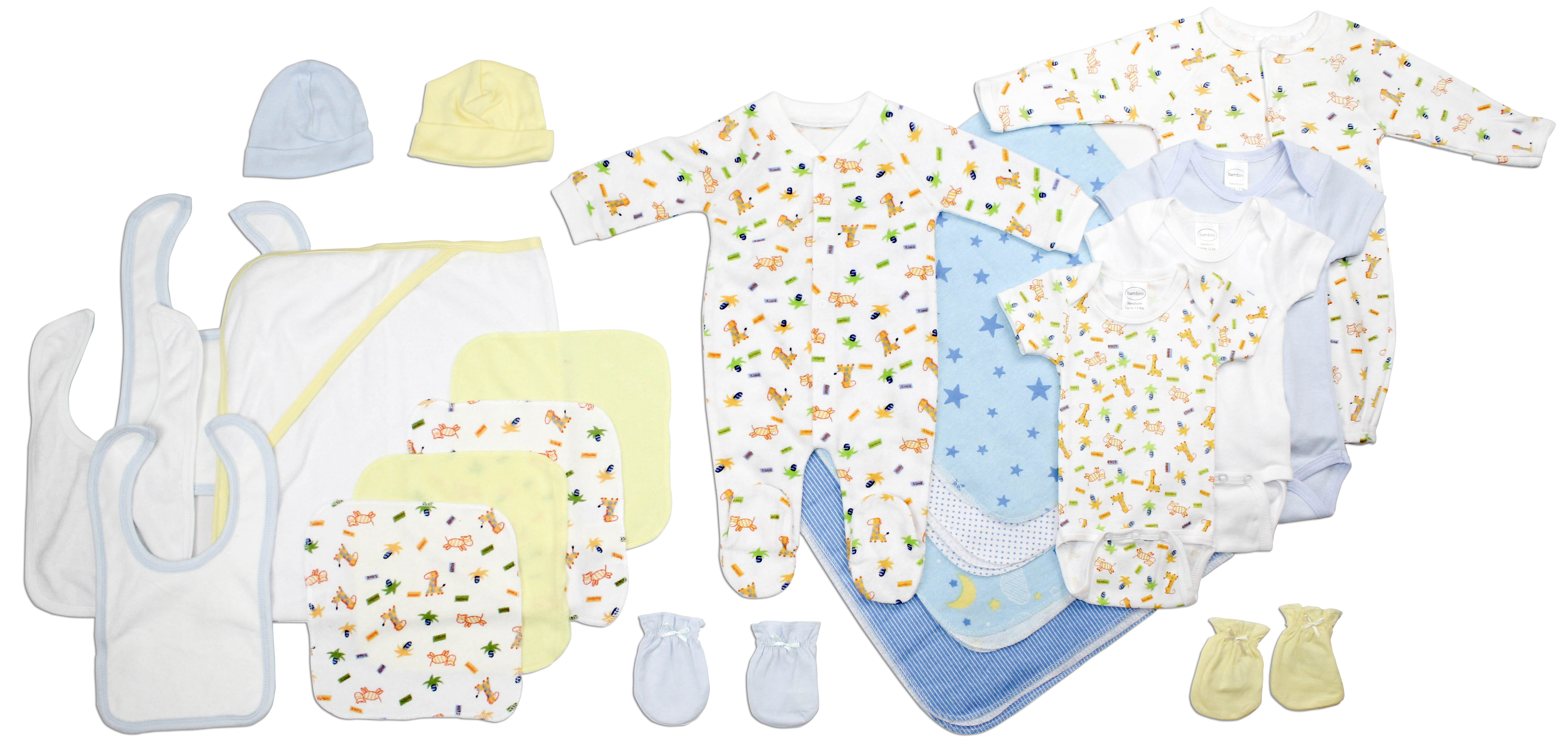 Bambini Newborn Baby Boy 21 Pc Layette Gift Set featuring soft cotton clothes, receiving blankets, caps, mittens, and bibs in a neatly arranged display.