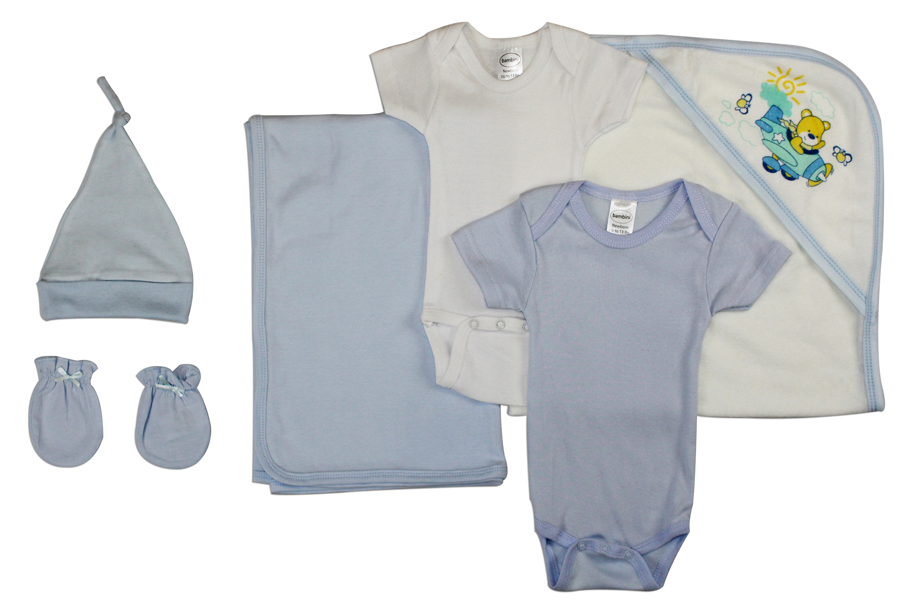 Bambini Newborn Baby Boy 6 Pc Layette Set featuring soft cotton onesies, mittens, cap, blanket, and towel in blue.