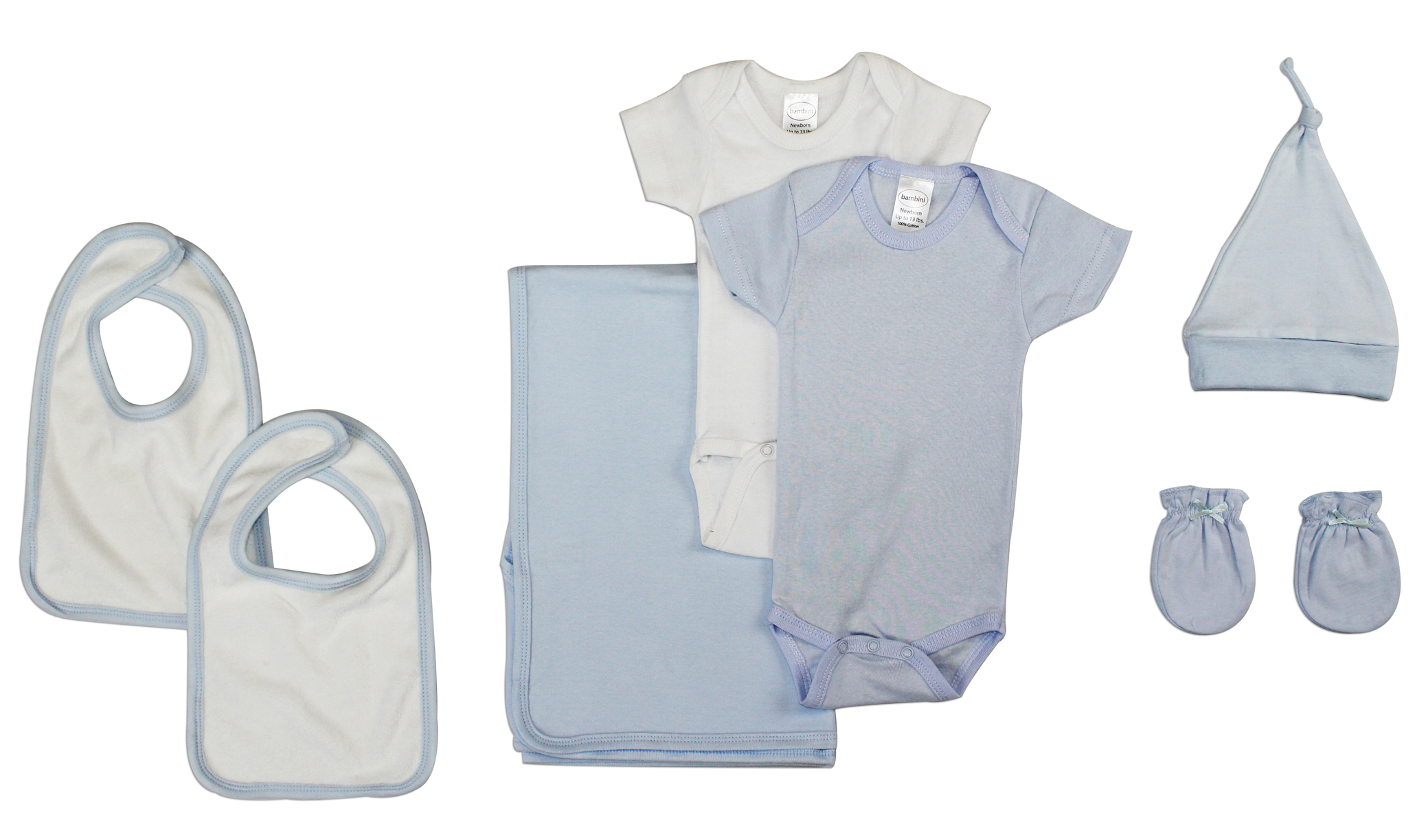 Bambini Newborn Baby Boy 7 Pc Layette Set featuring soft cotton onesies, mittens, bibs, and a receiving blanket in blue and white.