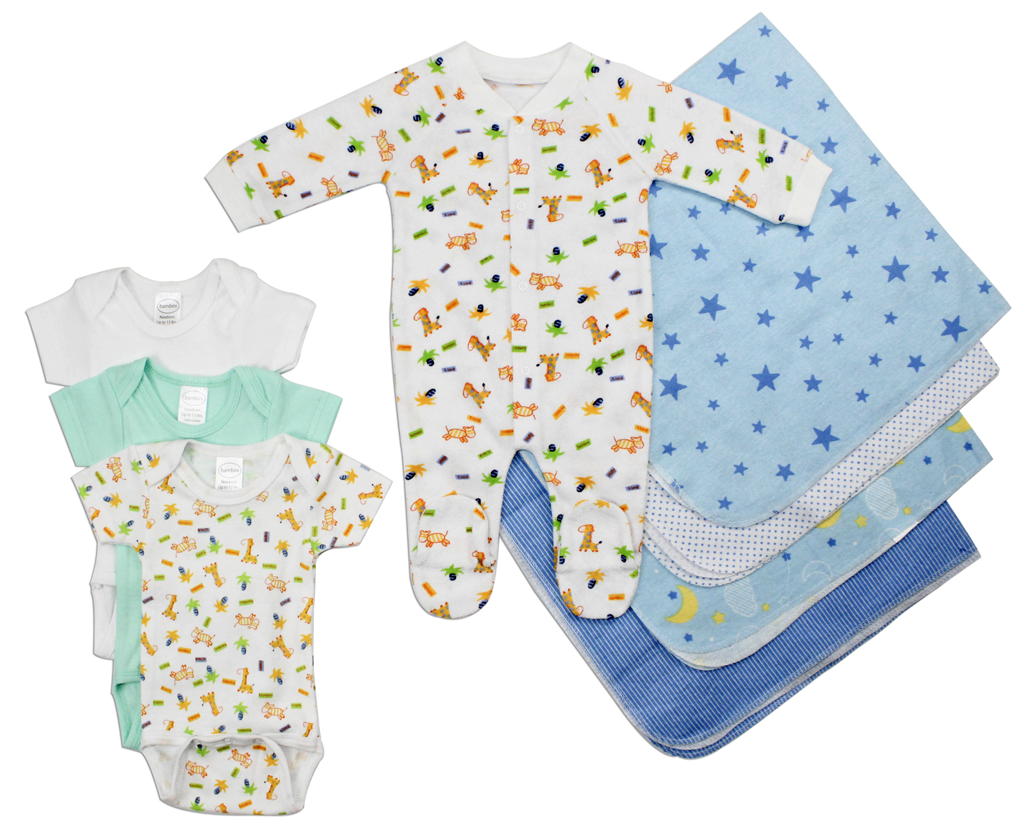 Bambini Newborn Baby Boy 8 Pc Layette Set featuring soft cotton onesies, sleep 'n play, and flannel receiving blankets in a stylish arrangement.