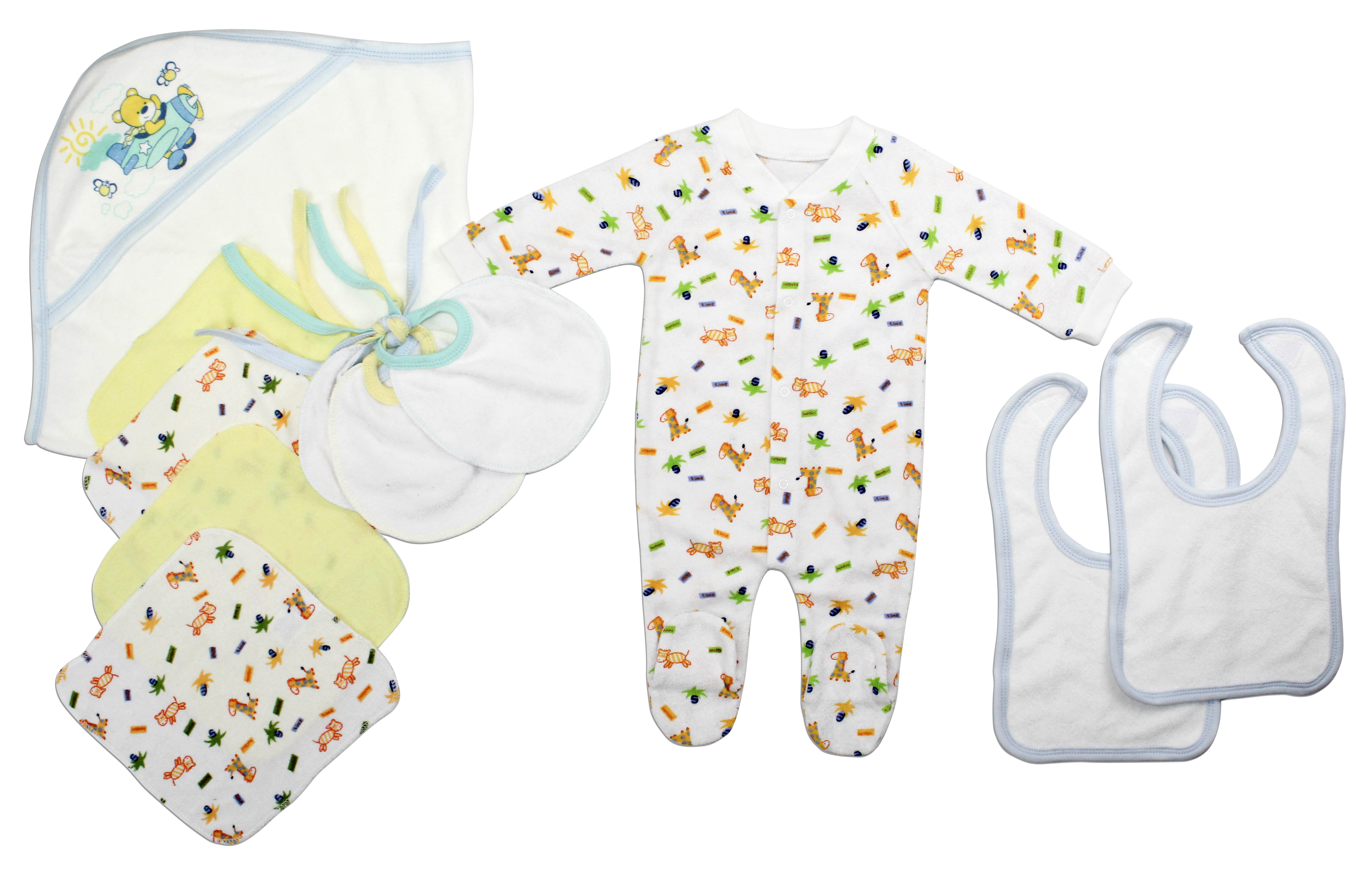 Bambini Newborn Baby Boys 11 Pc Layette Set featuring soft cotton clothes, bibs, washcloths, and a hooded towel, perfect for baby showers.