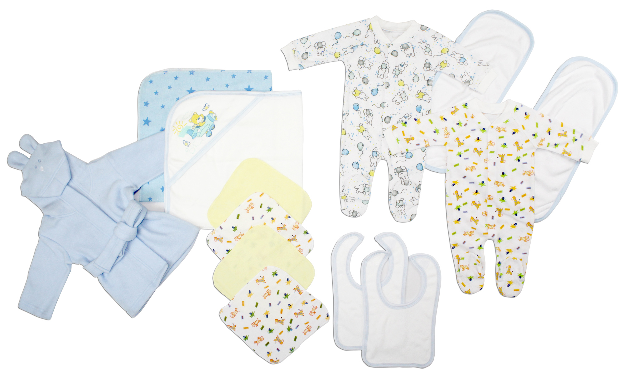 Bambini Newborn Baby Boys 13 Pc Layette Set featuring soft cotton clothes, hooded towel, and bibs, perfect for baby showers.