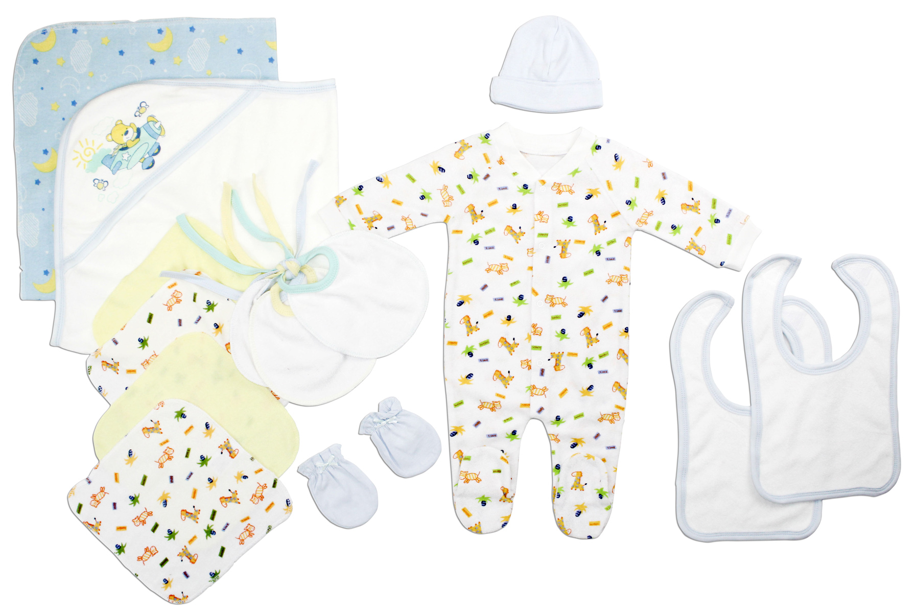 Bambini Newborn Baby Boys 14 Pc Layette Set featuring soft cotton clothes, bibs, mittens, and a receiving blanket, perfect for baby showers.