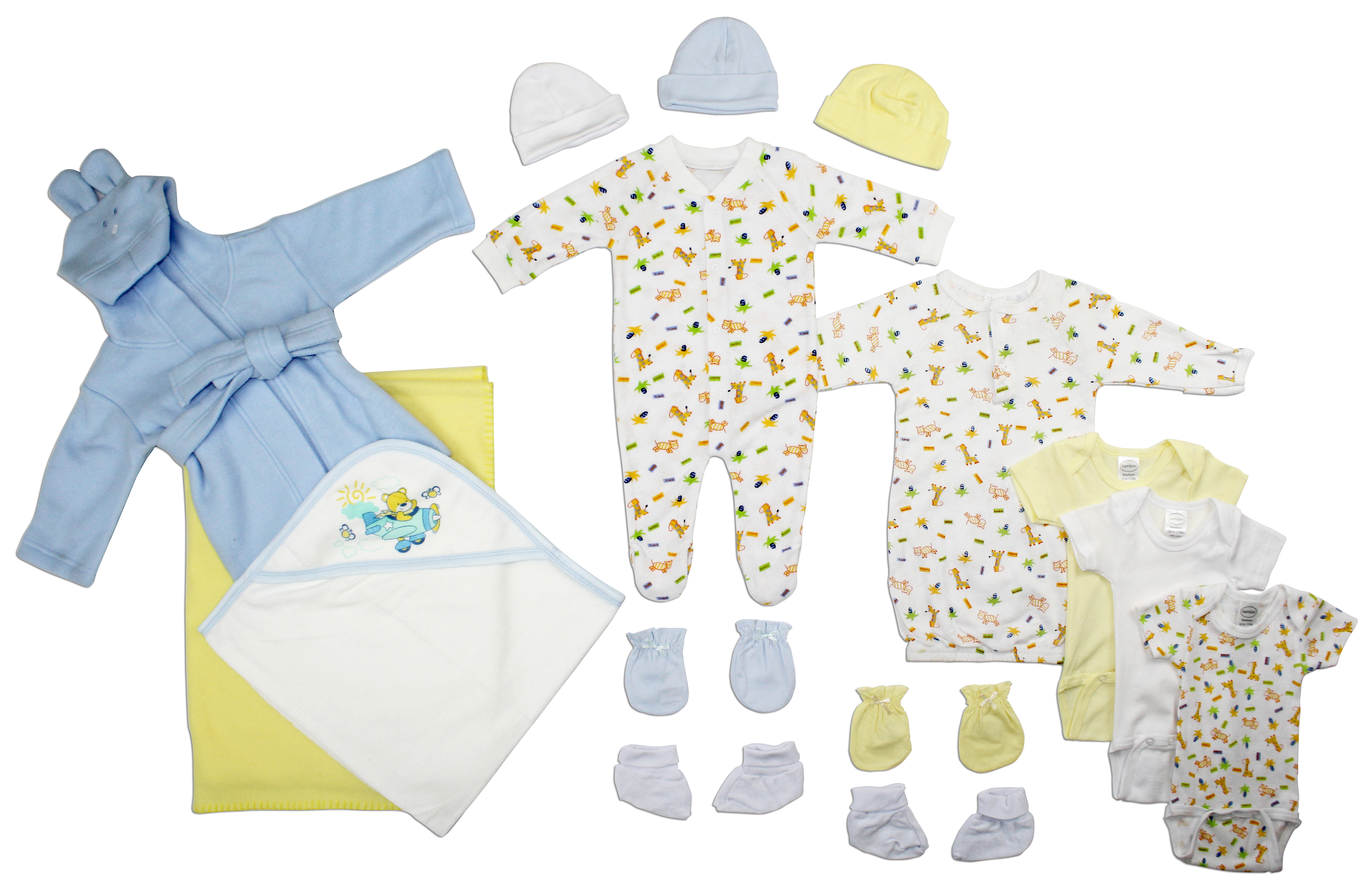 Bambini Newborn Baby Boys 15 Pc Layette Set featuring soft cotton clothes, mittens, booties, caps, and a cozy blanket.