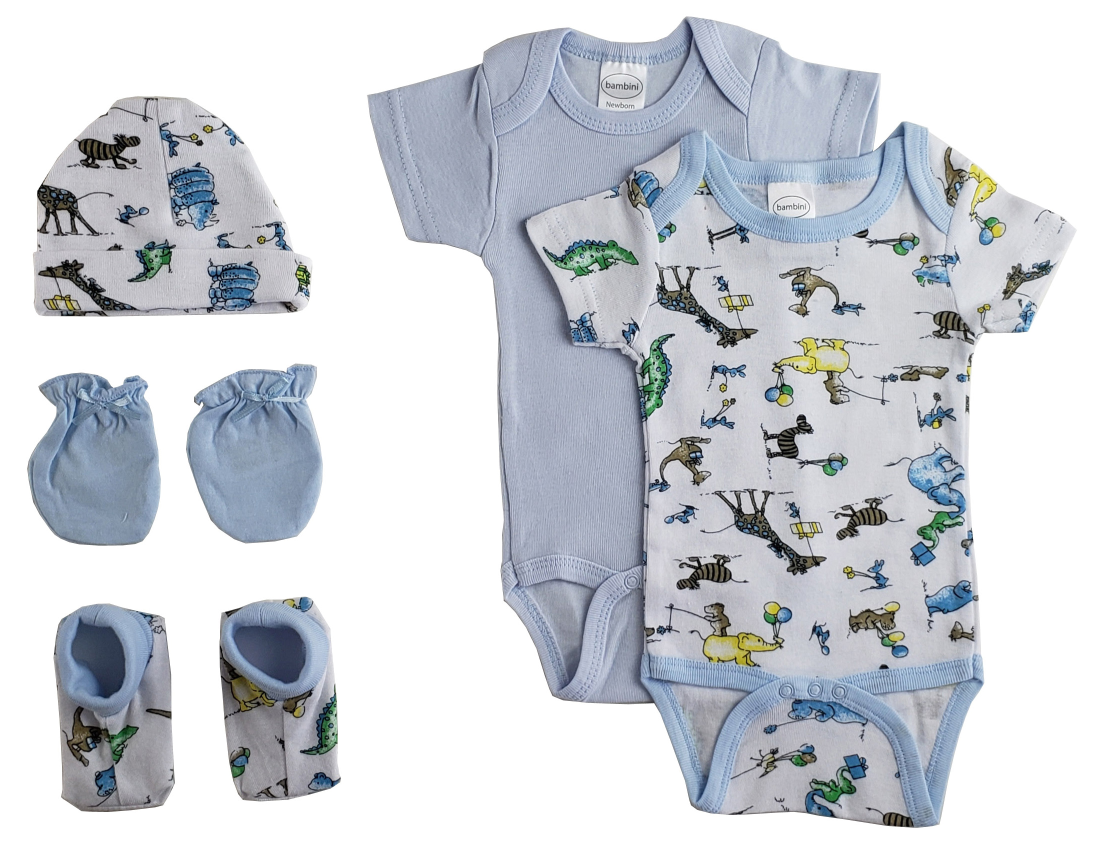 Bambini Newborn Baby Boys 5 Pc Layette Set featuring soft cotton onesie, mittens, and stylish design, perfect for baby showers.