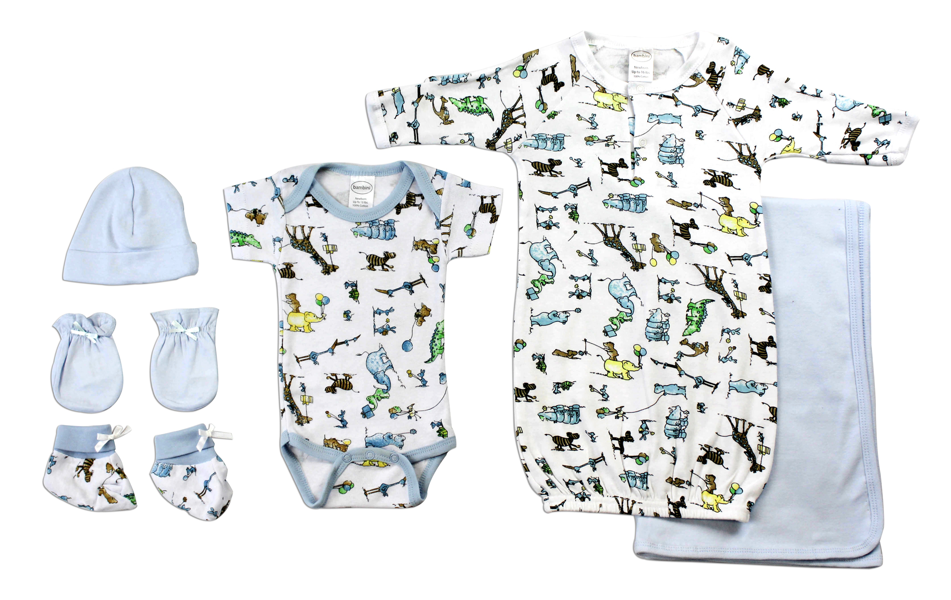 Bambini Newborn Baby Boys 6 Pc Layette Gift Set featuring soft cotton clothing, mittens, gown, and receiving blanket in blue.