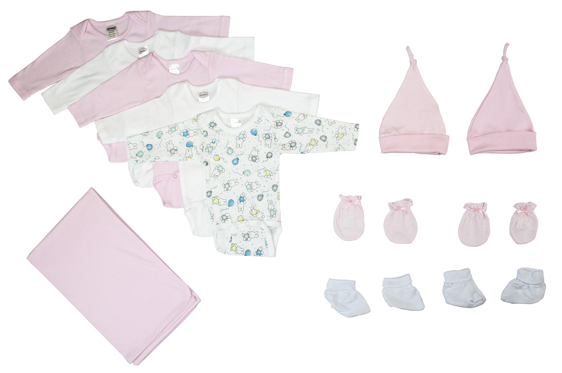 Bambini Newborn Baby Girl 12 Pc Layette Set featuring soft cotton onesies, mittens, booties, and a receiving blanket in pastel colors.