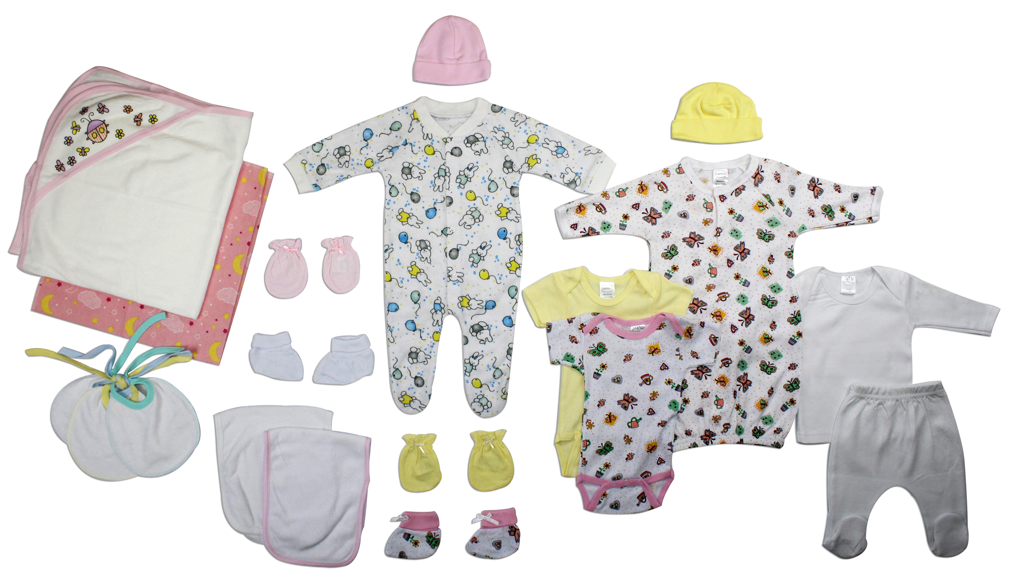 Bambini Newborn Baby Girl 19 Pc Layette Set featuring soft cotton clothing, receiving blanket, hooded towel, and accessories in pastel colors.