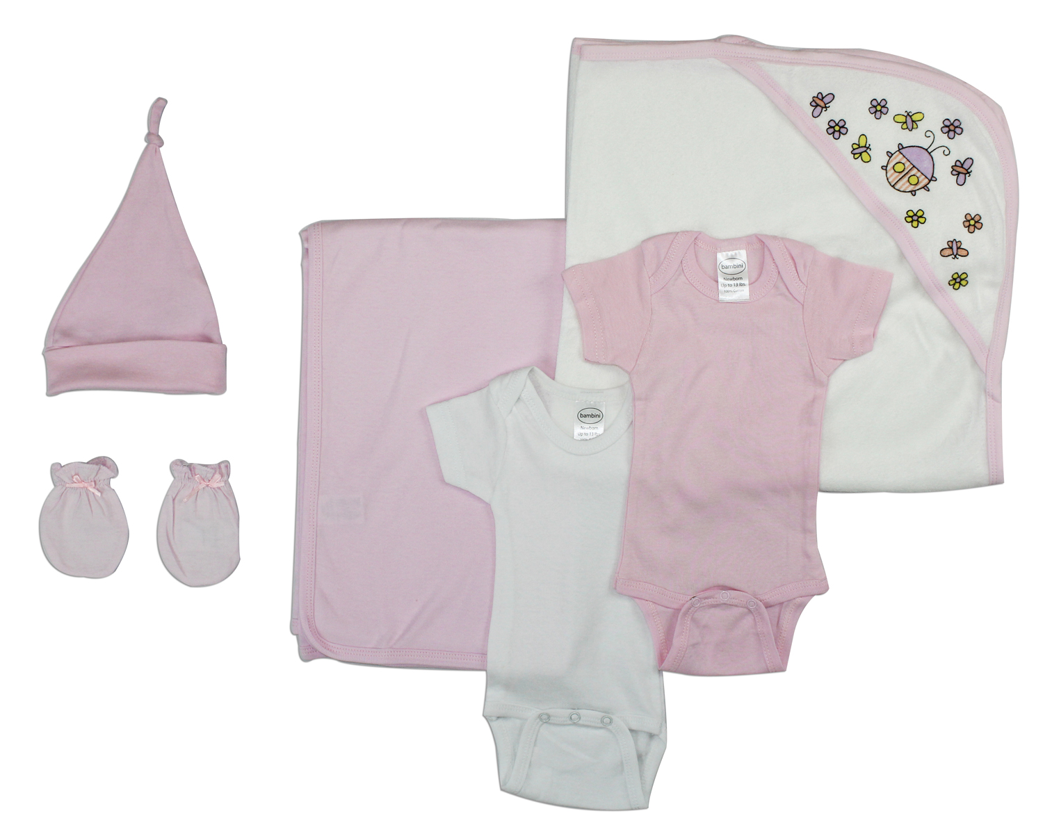 Bambini Newborn Baby Girl 6 Pc Layette Set featuring soft cotton onesies, mittens, cap, blanket, and towel in pink.