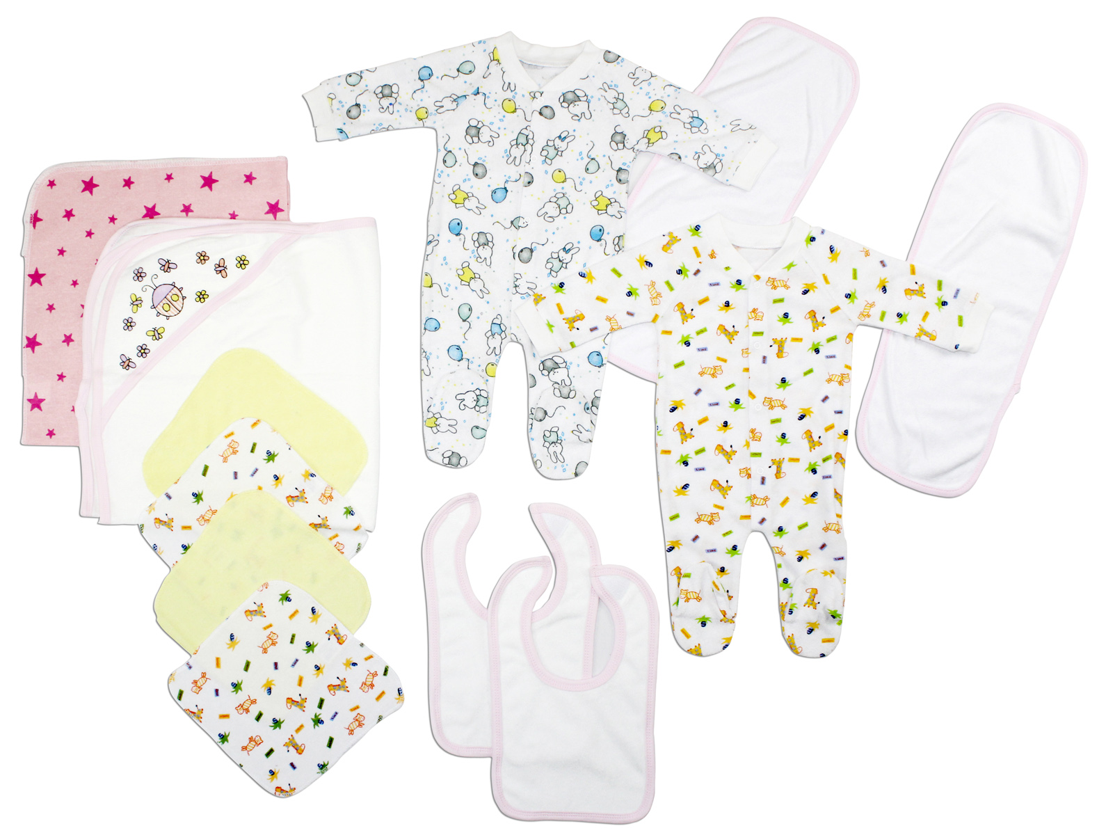 Bambini Newborn Baby Girls 12 Pc Layette Gift Set featuring soft cotton clothing, bibs, towels, and blankets in a lovely pink theme.