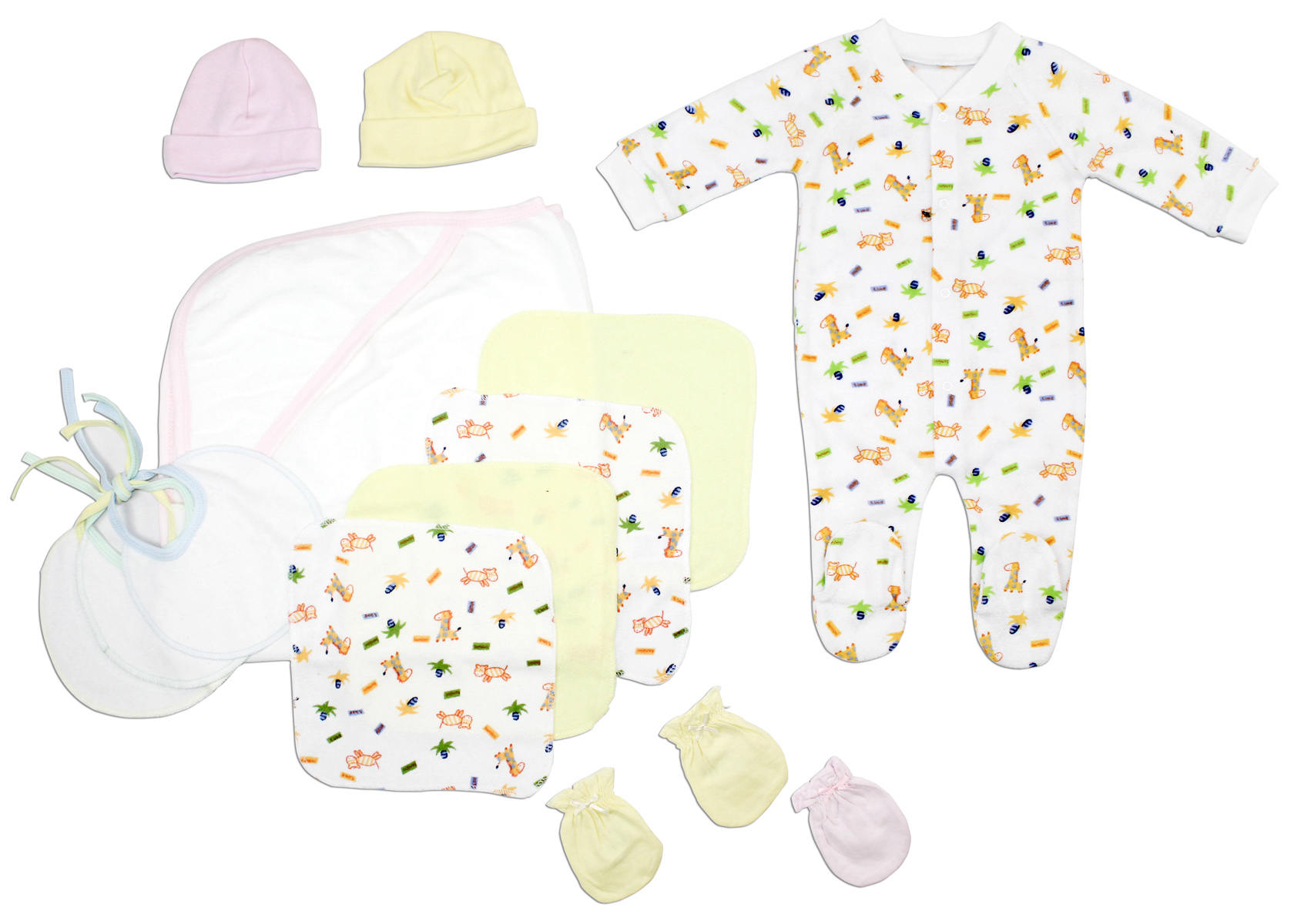 Bambini Newborn Baby Girls 13 Pc Layette Set featuring soft cotton clothes, mittens, caps, and towels in a cozy arrangement.