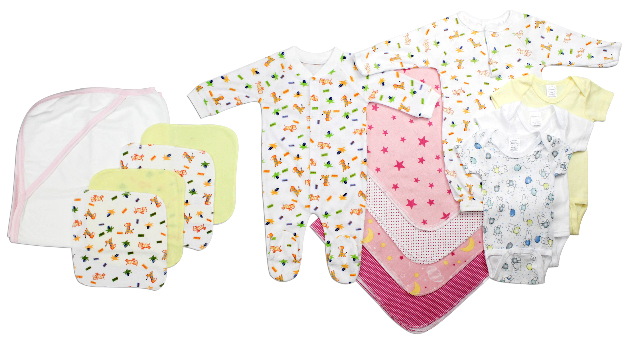 Bambini Newborn Baby Girls 14 Pc Layette Gift Set featuring soft cotton clothes, receiving blankets, and accessories in pink and yellow.