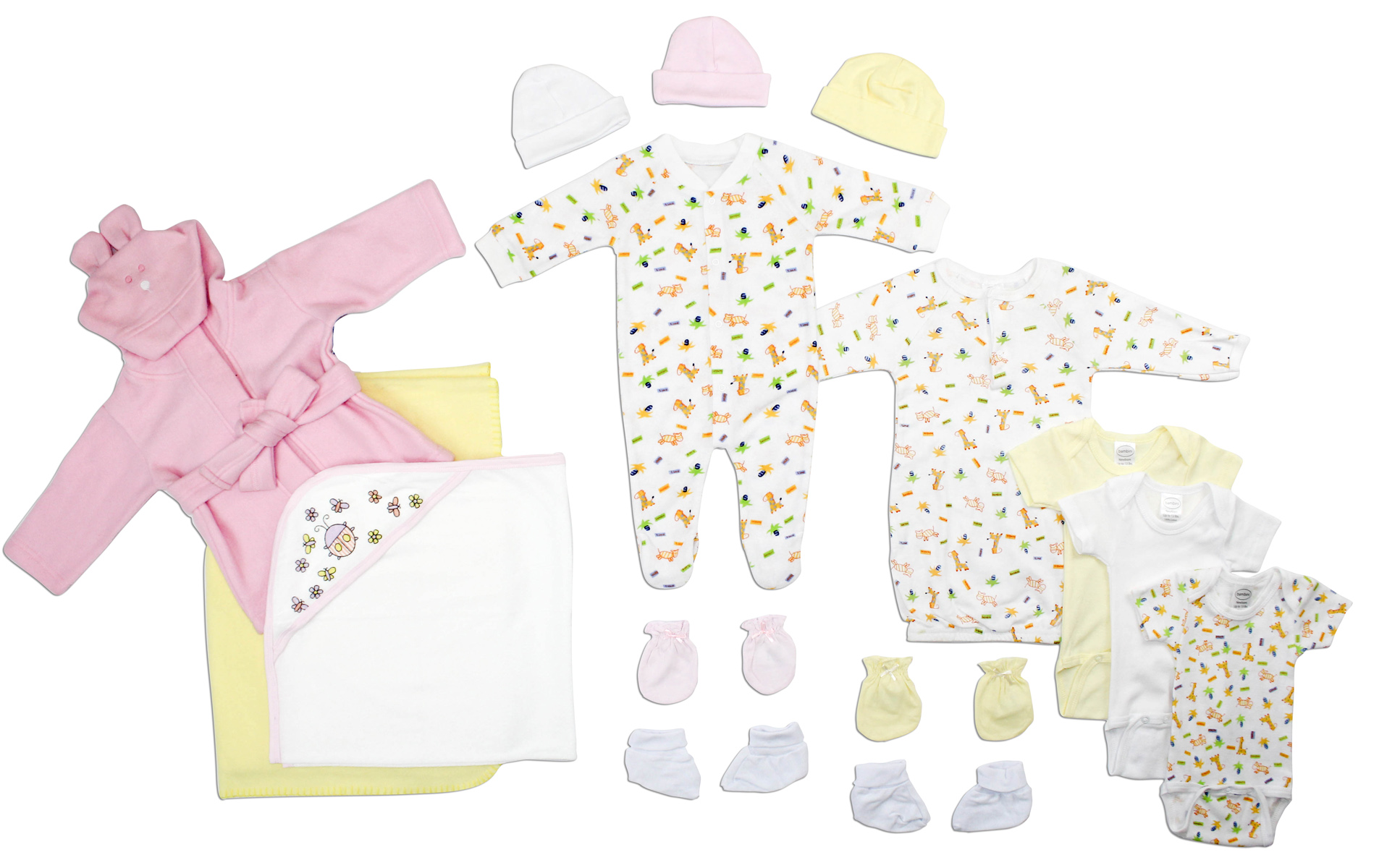 Bambini Newborn Baby Girls 15 Pc Layette Set featuring soft cotton clothing, mittens, booties, caps, and a blanket, perfect for baby showers.