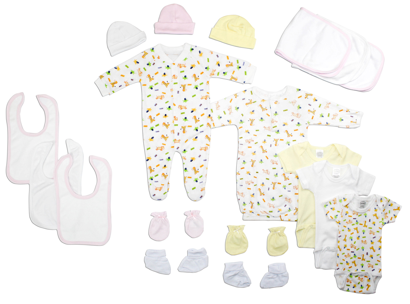 Bambini Newborn Baby Girls 18 Pc Layette Set featuring soft cotton clothing, bibs, mittens, and caps in pastel colors.