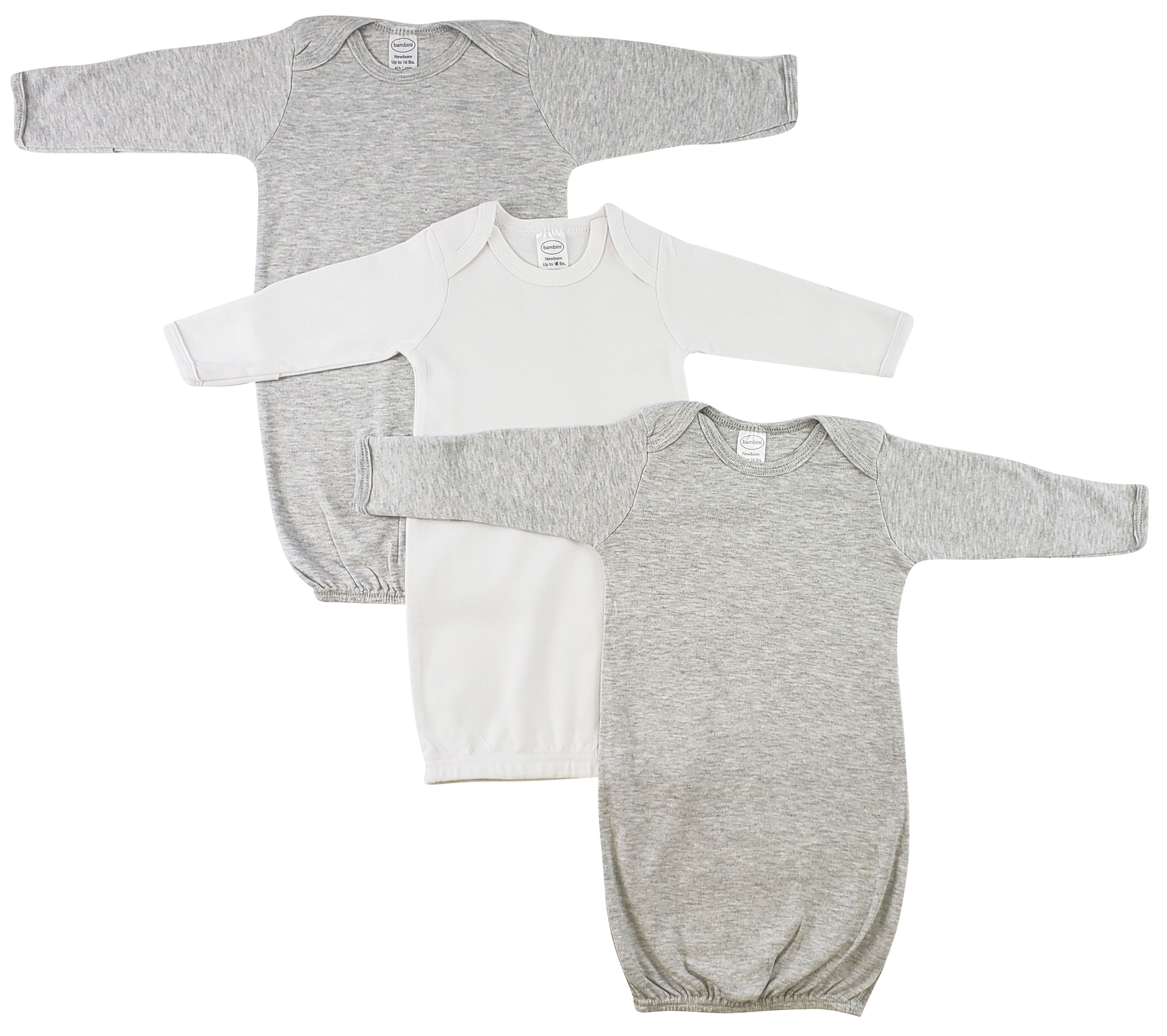 Bambini Newborn Baby Girls 3 pc Gown Set featuring soft cotton gowns in heather grey and white, designed for comfort and easy dressing.