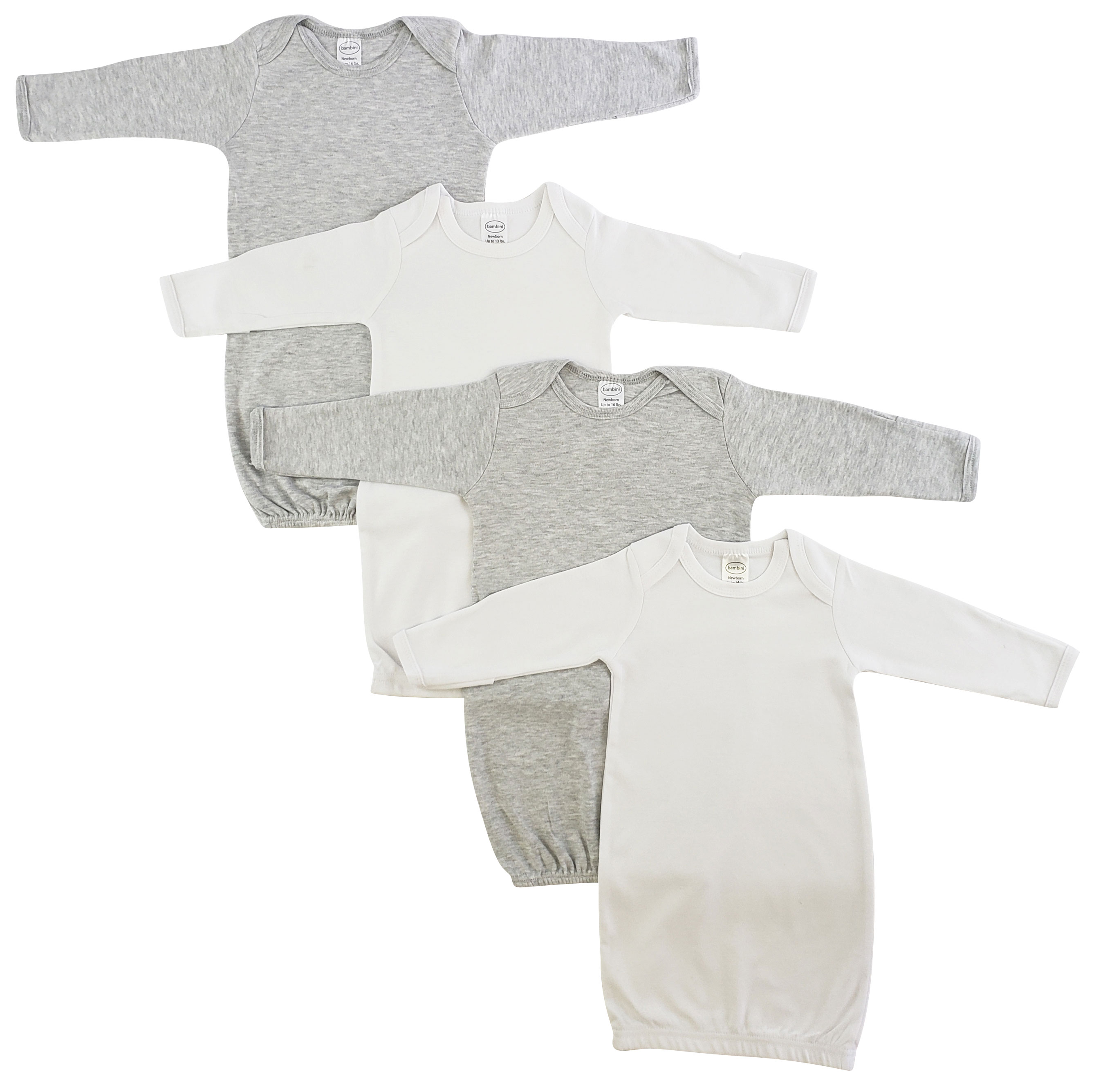 Bambini Newborn Baby Girls 4 pc Gown Set featuring soft cotton gowns in heather grey and white, designed for comfort and easy dressing.