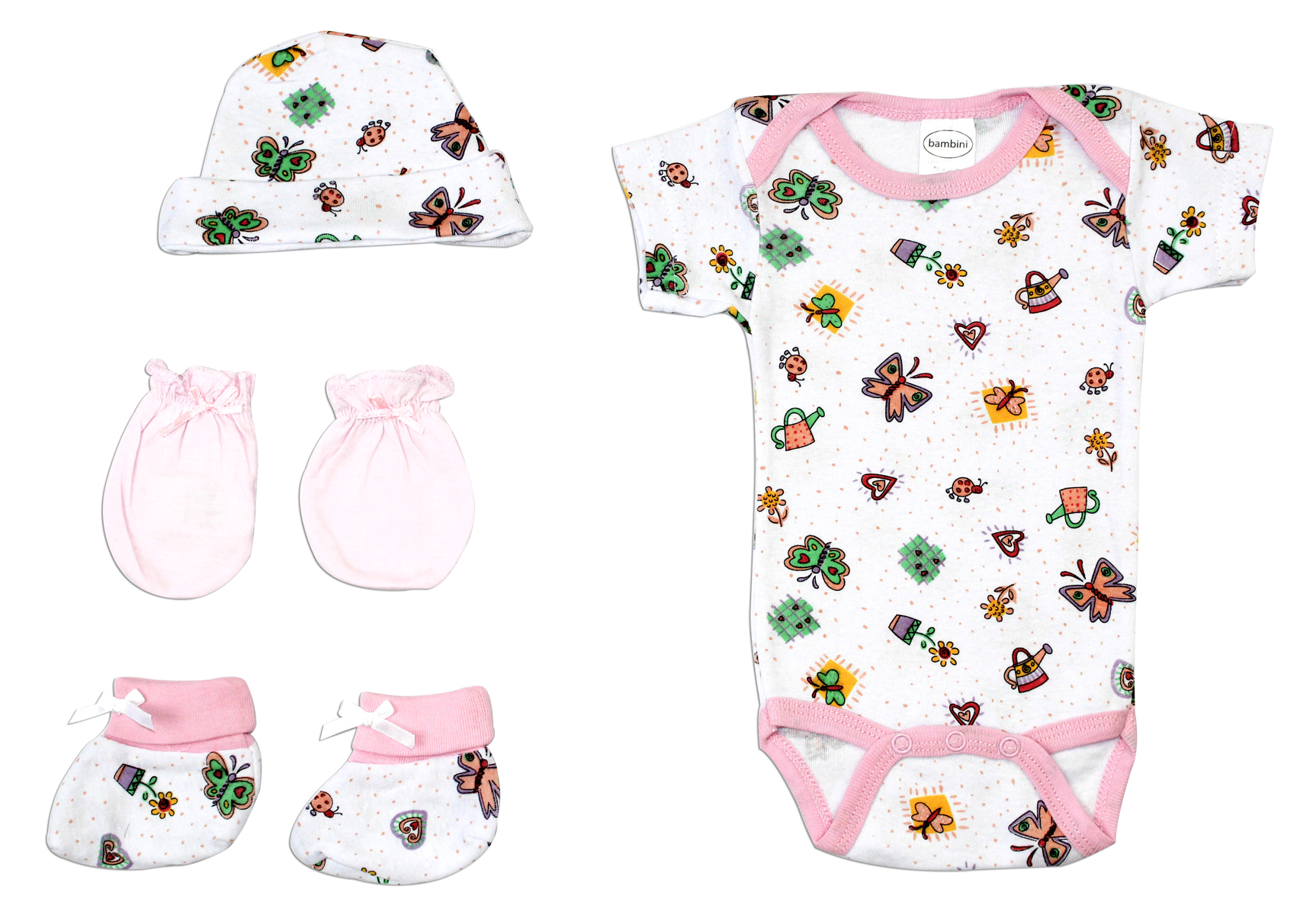 Bambini Newborn Baby Girls 4 Pc Layette Set featuring soft cotton fabric, pink infant mittens, and a cozy design for newborn comfort.