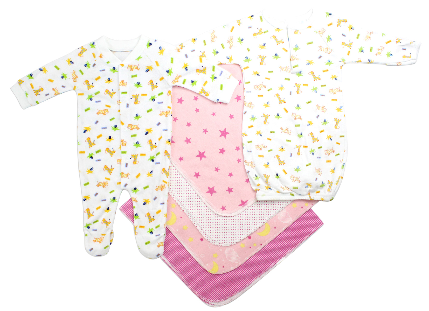 Bambini Newborn Girls 6 Piece Layette Set featuring soft cotton fabric, a printed gown, and flannel receiving blankets.