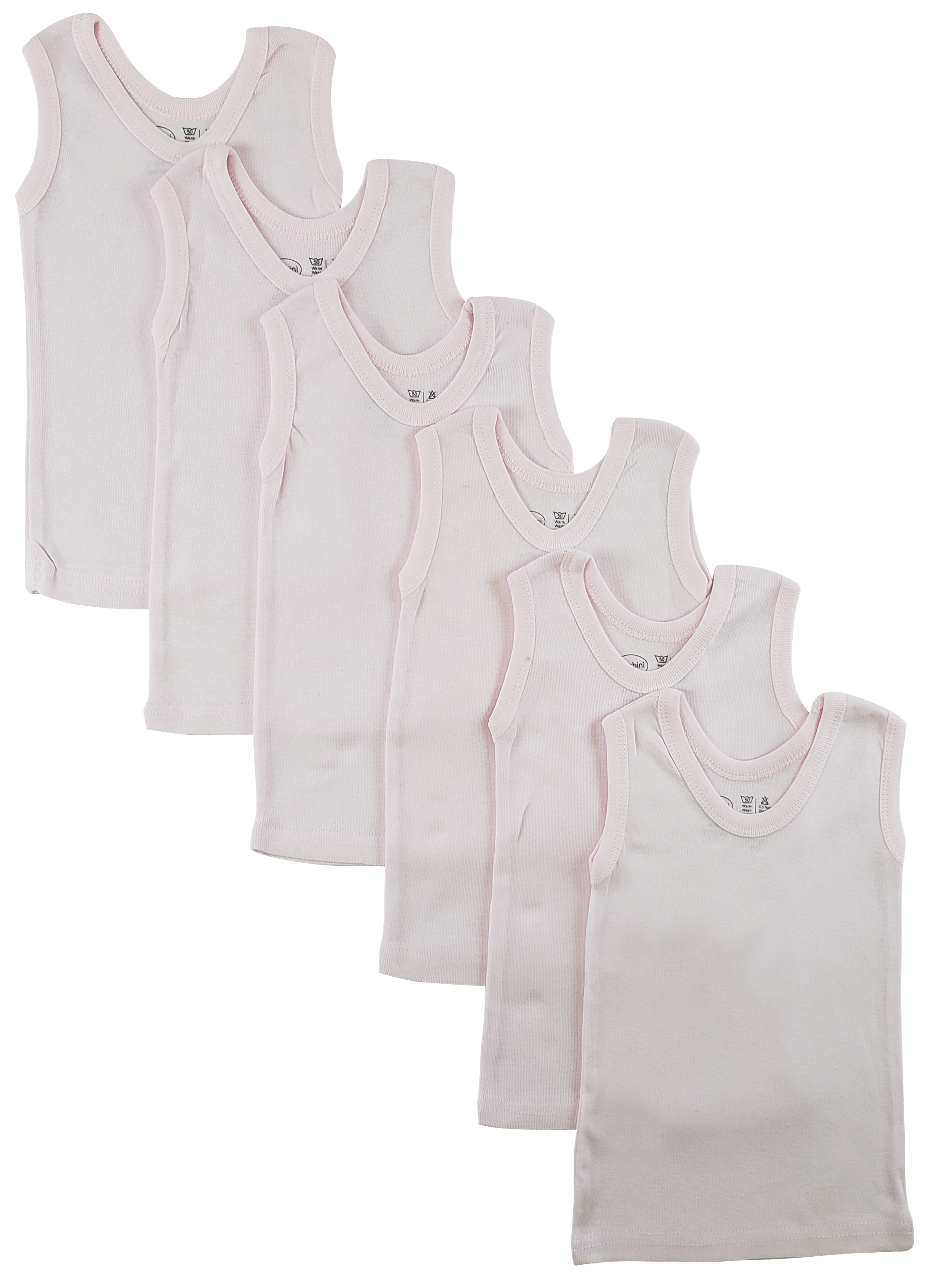 Bambini Pink Tank Top 6 Pack featuring soft cotton fabric, perfect for layering and warm weather, available in various sizes.