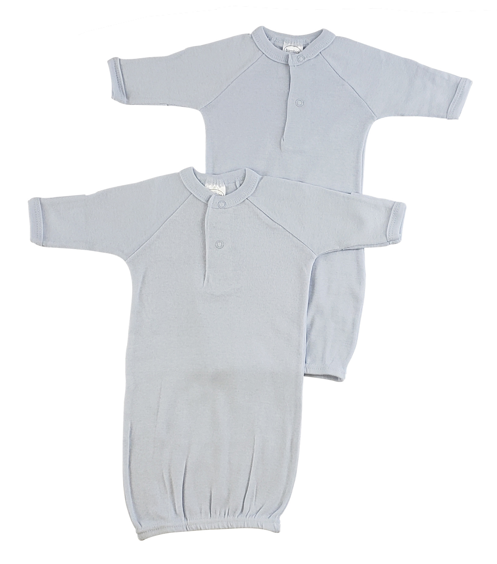 Bambini Preemie Solid Blue Gown - 2 Pack featuring soft cotton fabric, mitten cuffs, and snap button shoulder neckline.