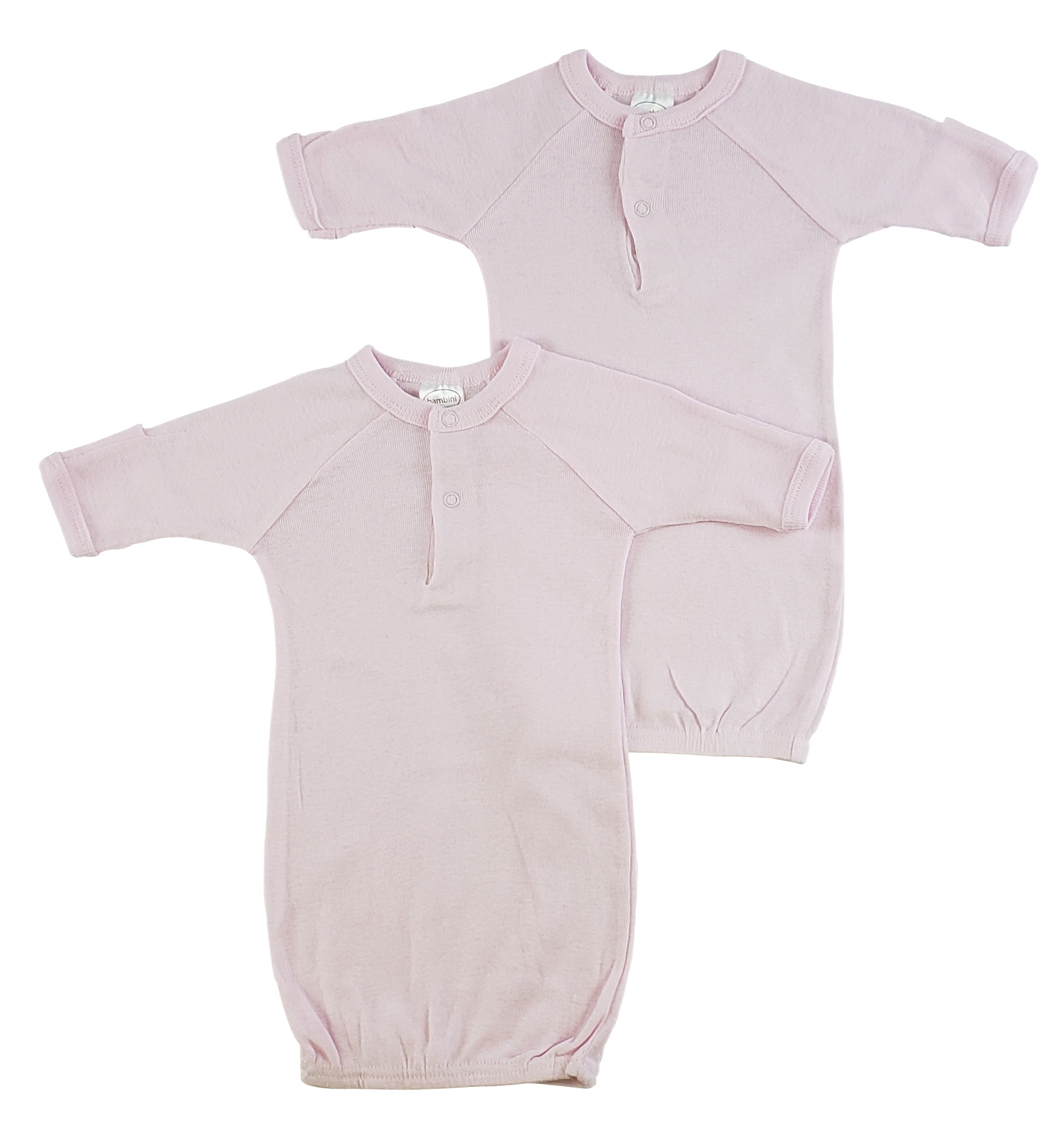 Two solid pink preemie gowns with mitten cuffs, designed for comfort and warmth.