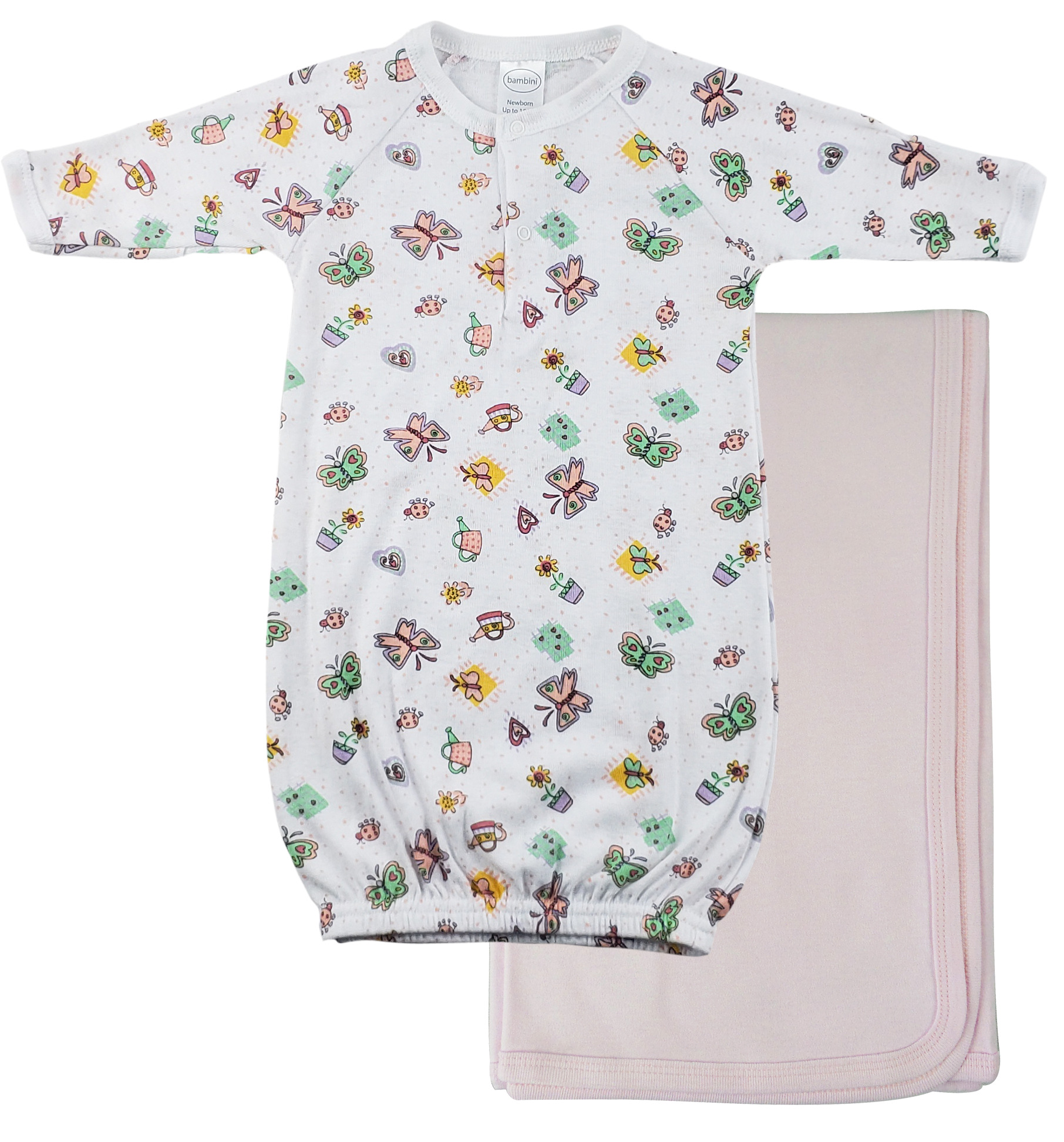 Bambini Print Infant Gown with long sleeves and matching grey receiving blanket, designed for newborns with built-in mitten cuffs.