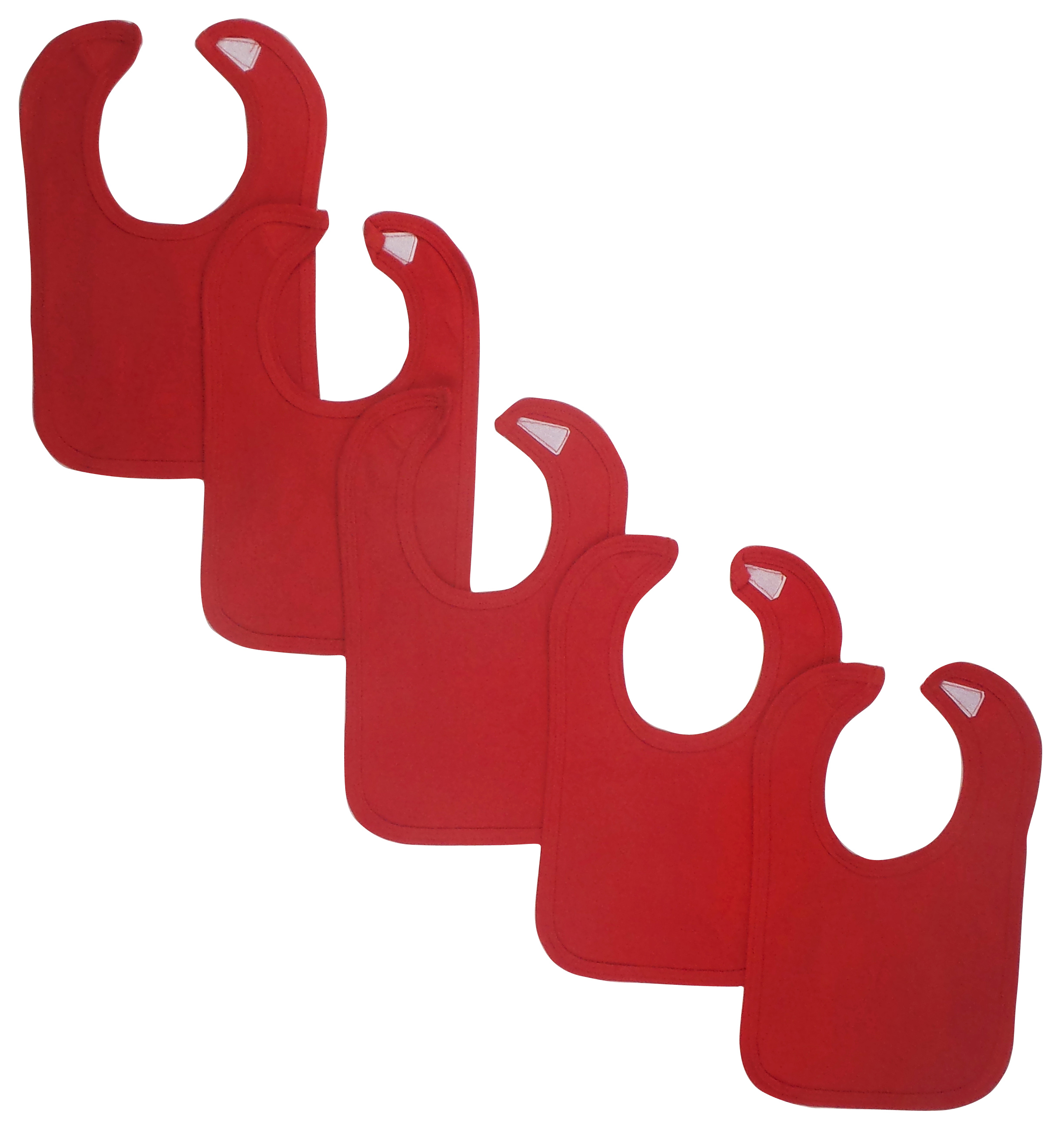 A pack of five vibrant red Bambini baby bibs with hook and loop fasteners, designed for infants to prevent spills and drool.