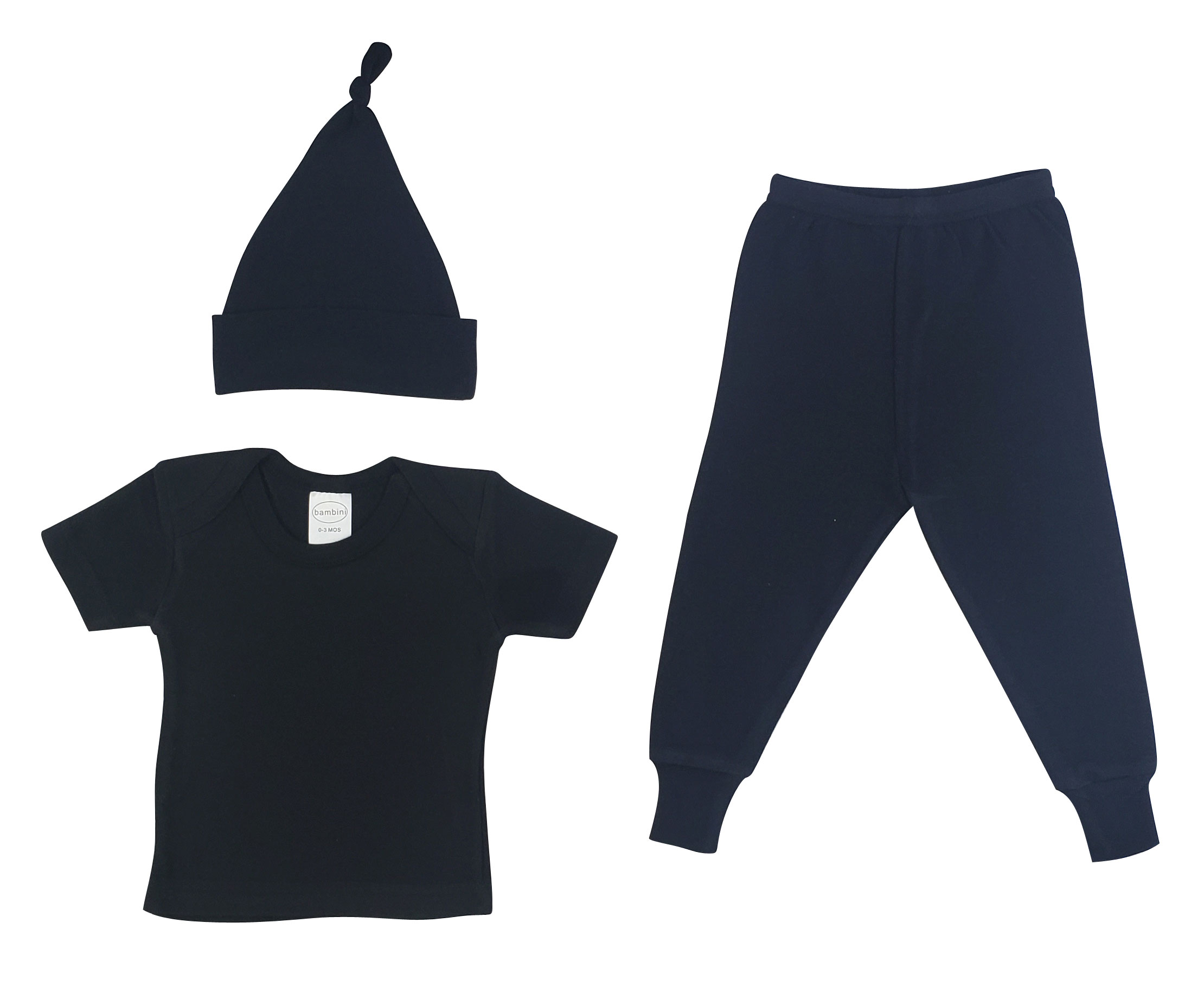 Bambini Shirt, Long Pants Set and Knotted Cap in soft cotton, perfect for newborns, featuring expandable neckline and front snap closure.