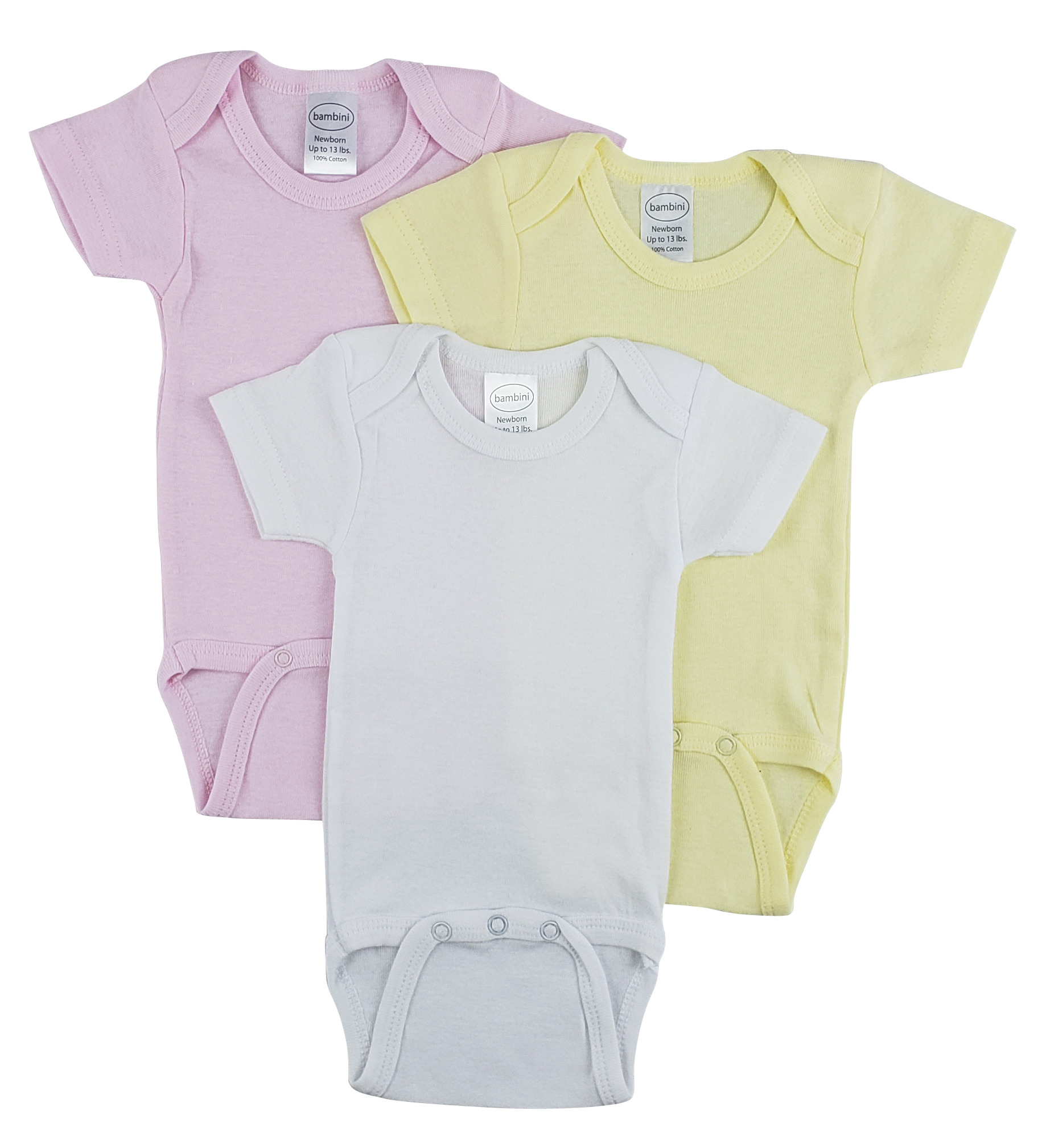 Bambini Short Sleeve One Piece 3 Pack featuring soft white cotton fabric, expandable neckline, and front snap closure for easy dressing.