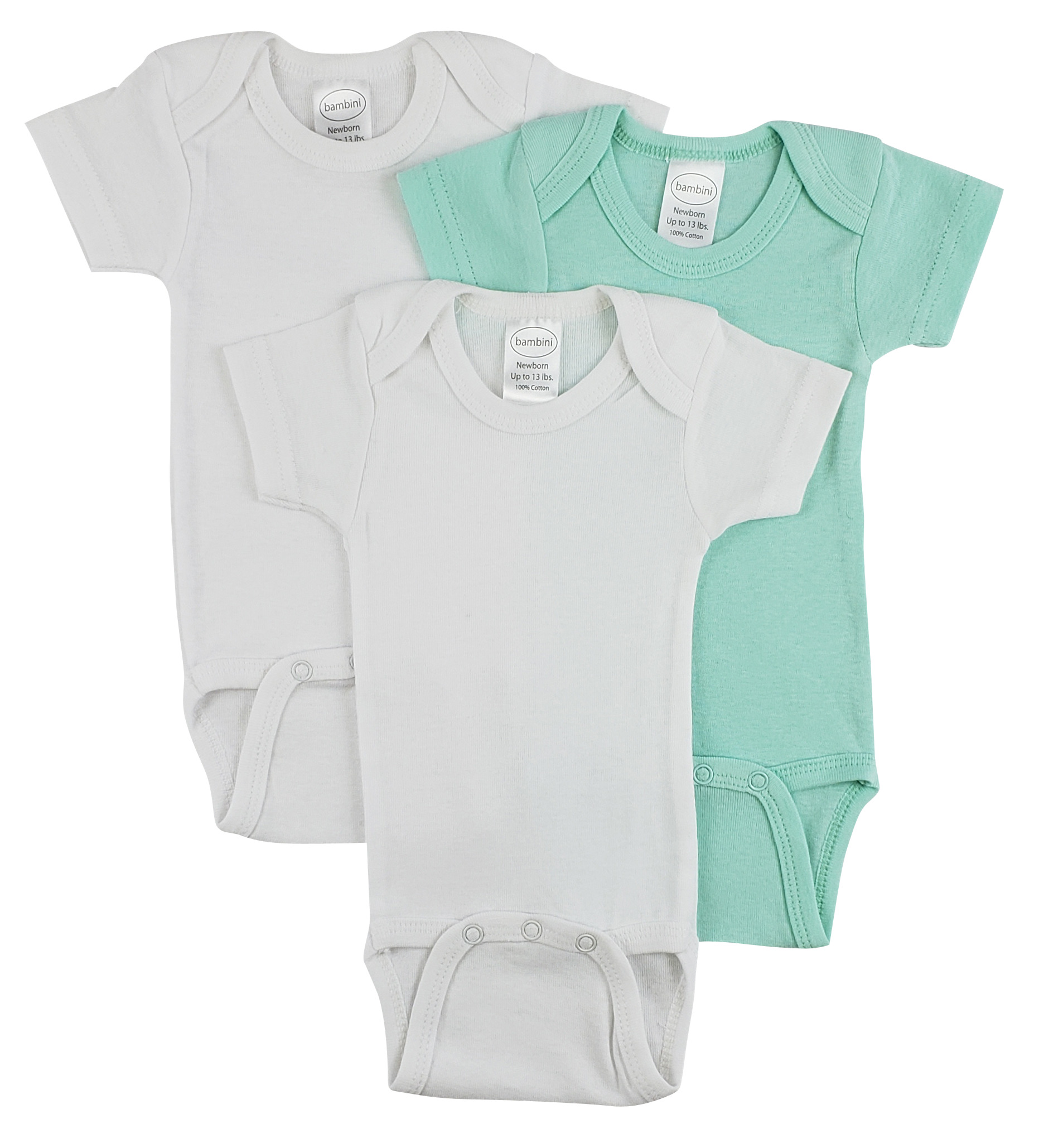 Bambini Short Sleeve One Piece 3 Pack featuring soft white cotton fabric, expandable neckline, and front snap closure for easy dressing.