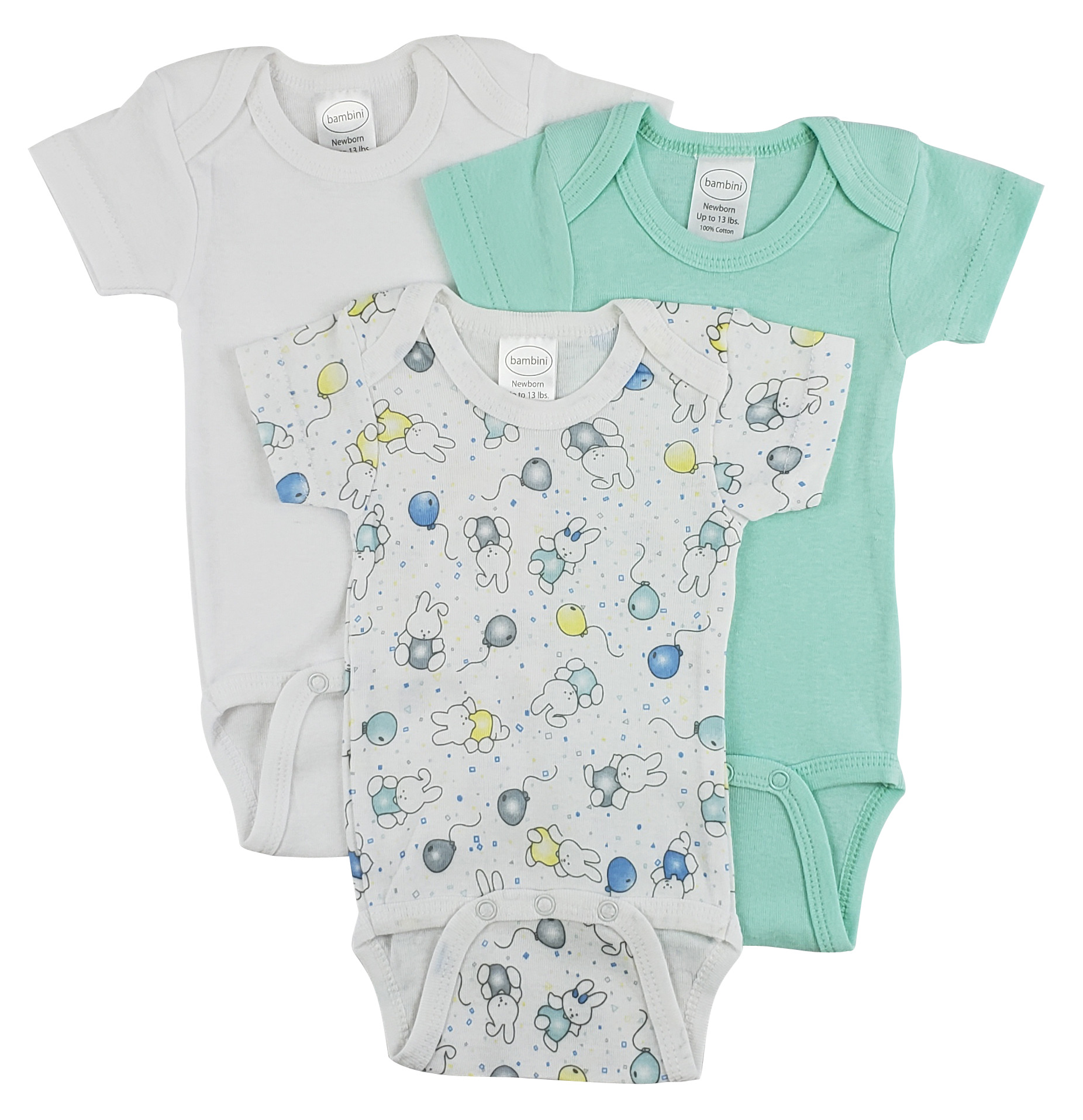 Bambini Short Sleeve One Piece 3 Pack featuring soft white cotton fabric, expandable neckline, and front snap closure for easy dressing.